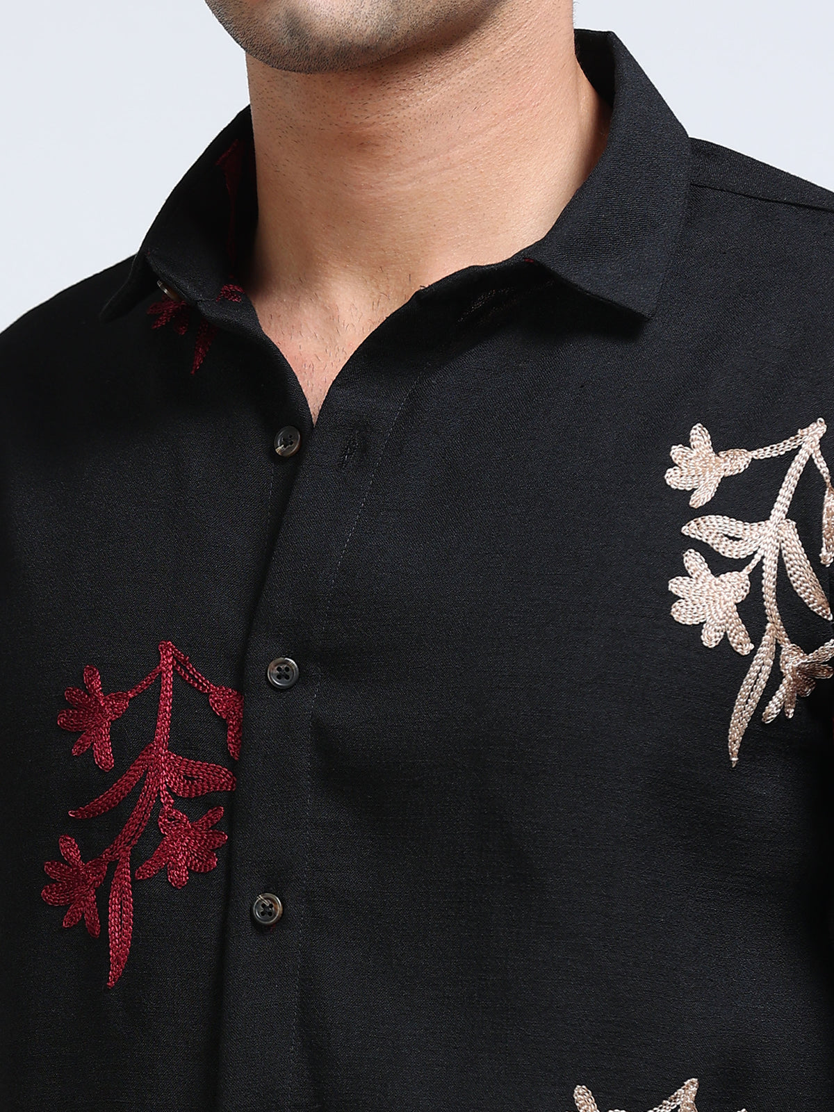 Men's Linen Black Red Floral Embroidery Shirt