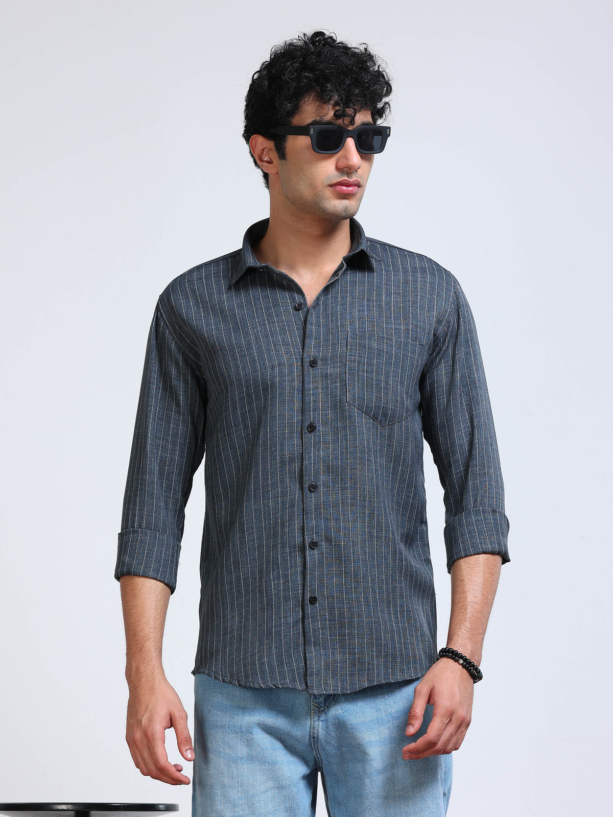 Men's Linen Charcoal Grey Stripe Shirt