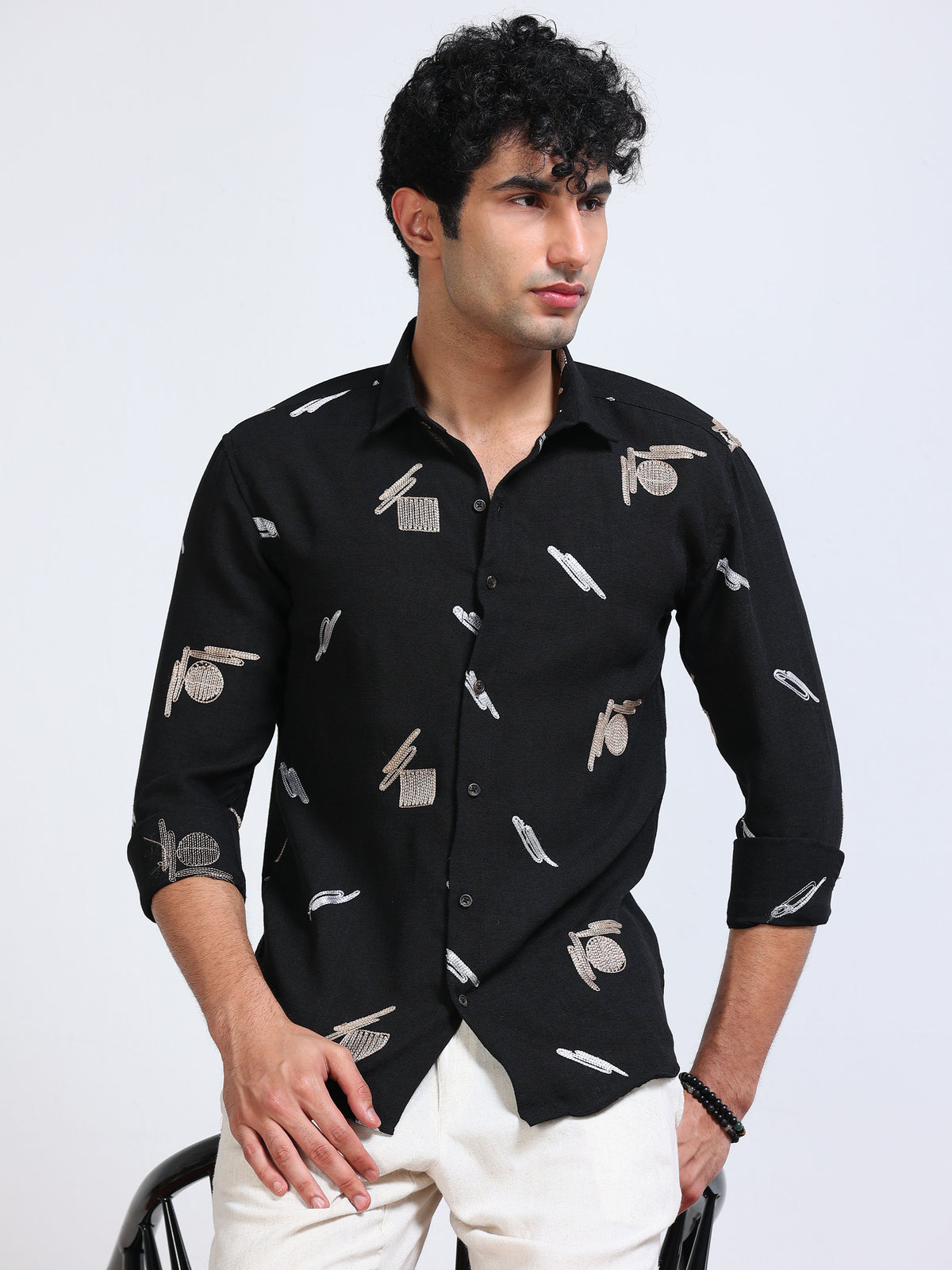 Men's Linen Black Abstract Motif Embroidery Shirt