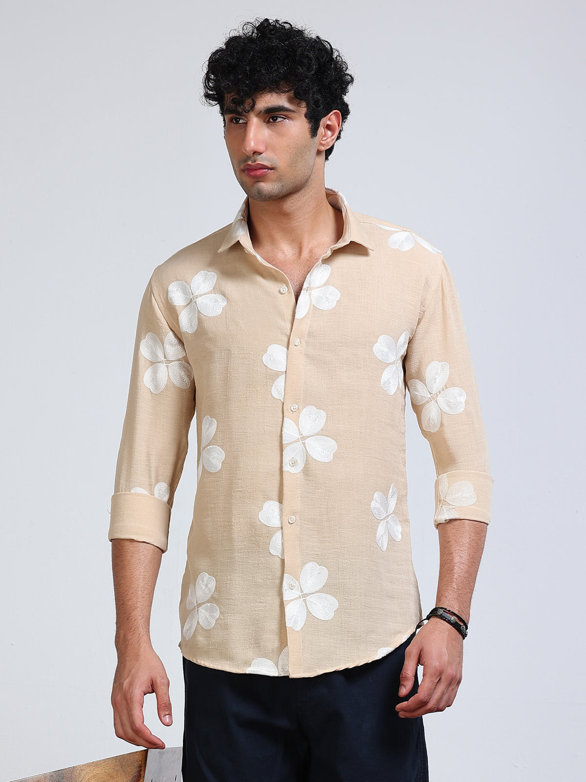 Men's Linen Beige Clover Leaf Embroidery Shirt