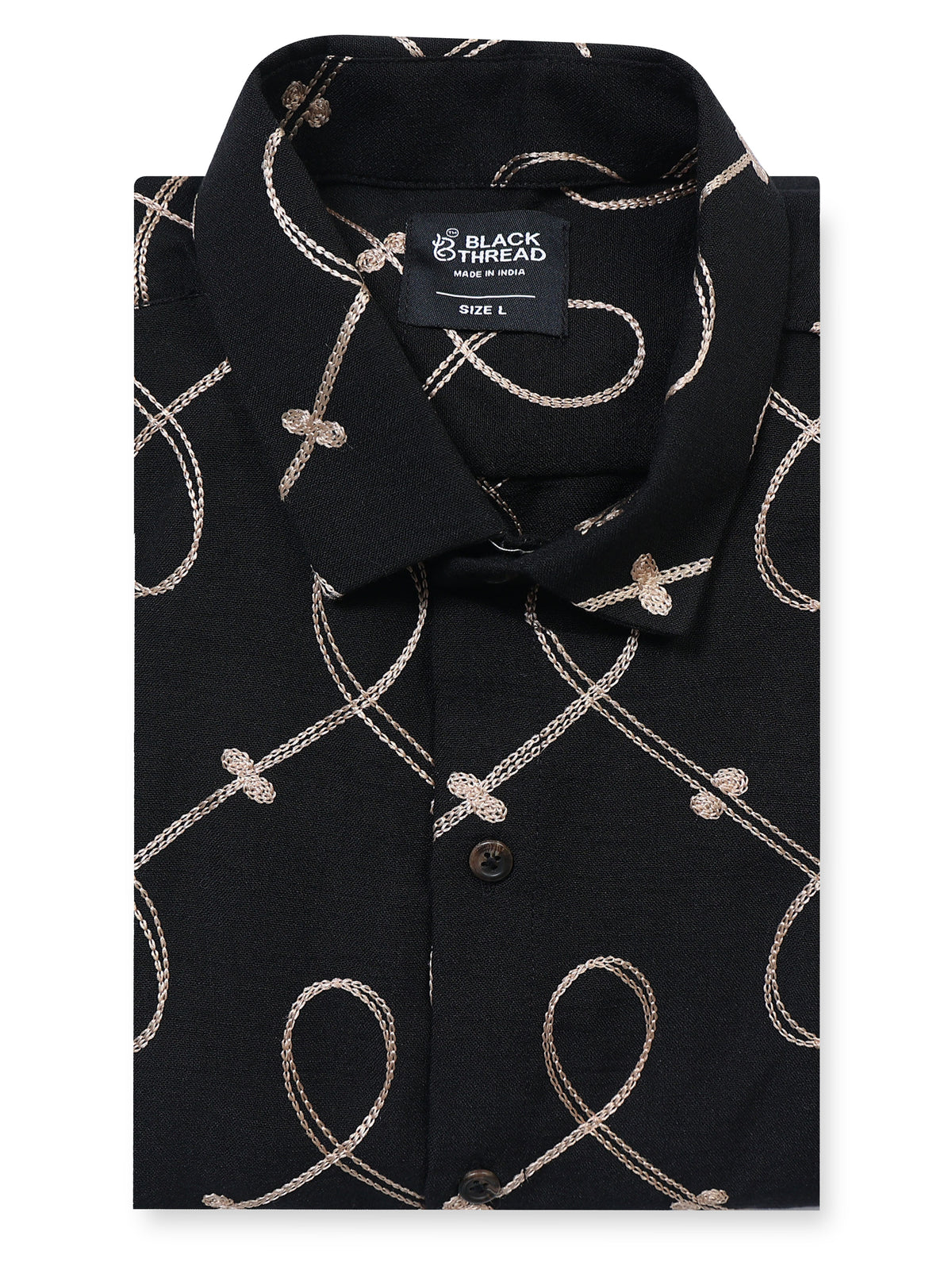 Men's Linen Black Loop Geometric Embroidery Shirt
