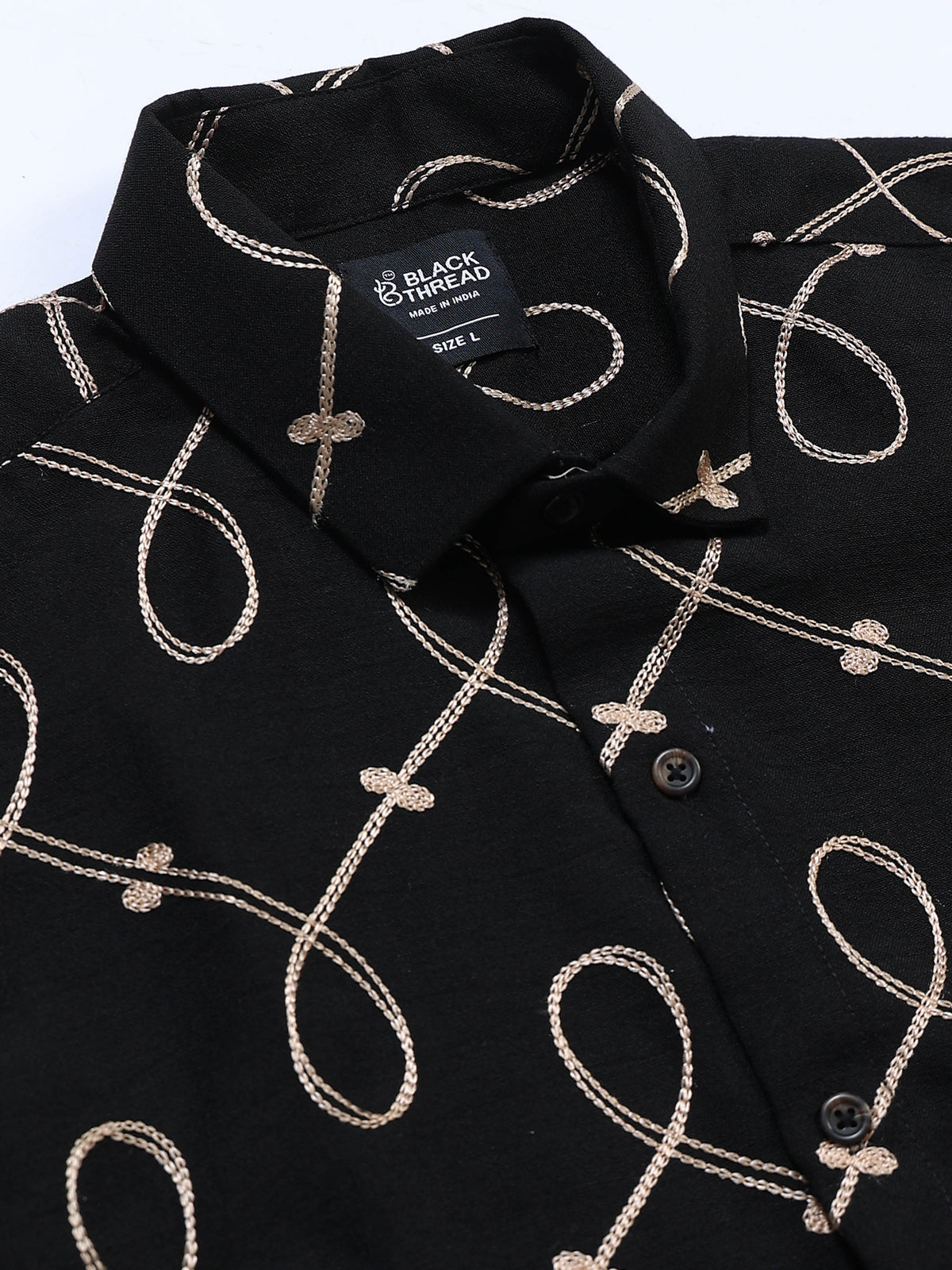 Men's Linen Black Loop Geometric Embroidery Shirt