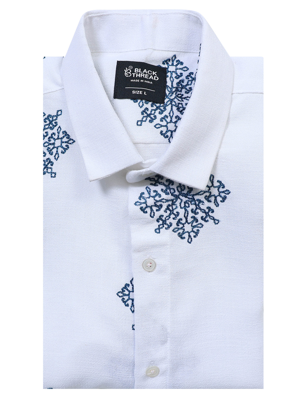 Men's Linen White Navy Tree Motif Embroidery Shirt