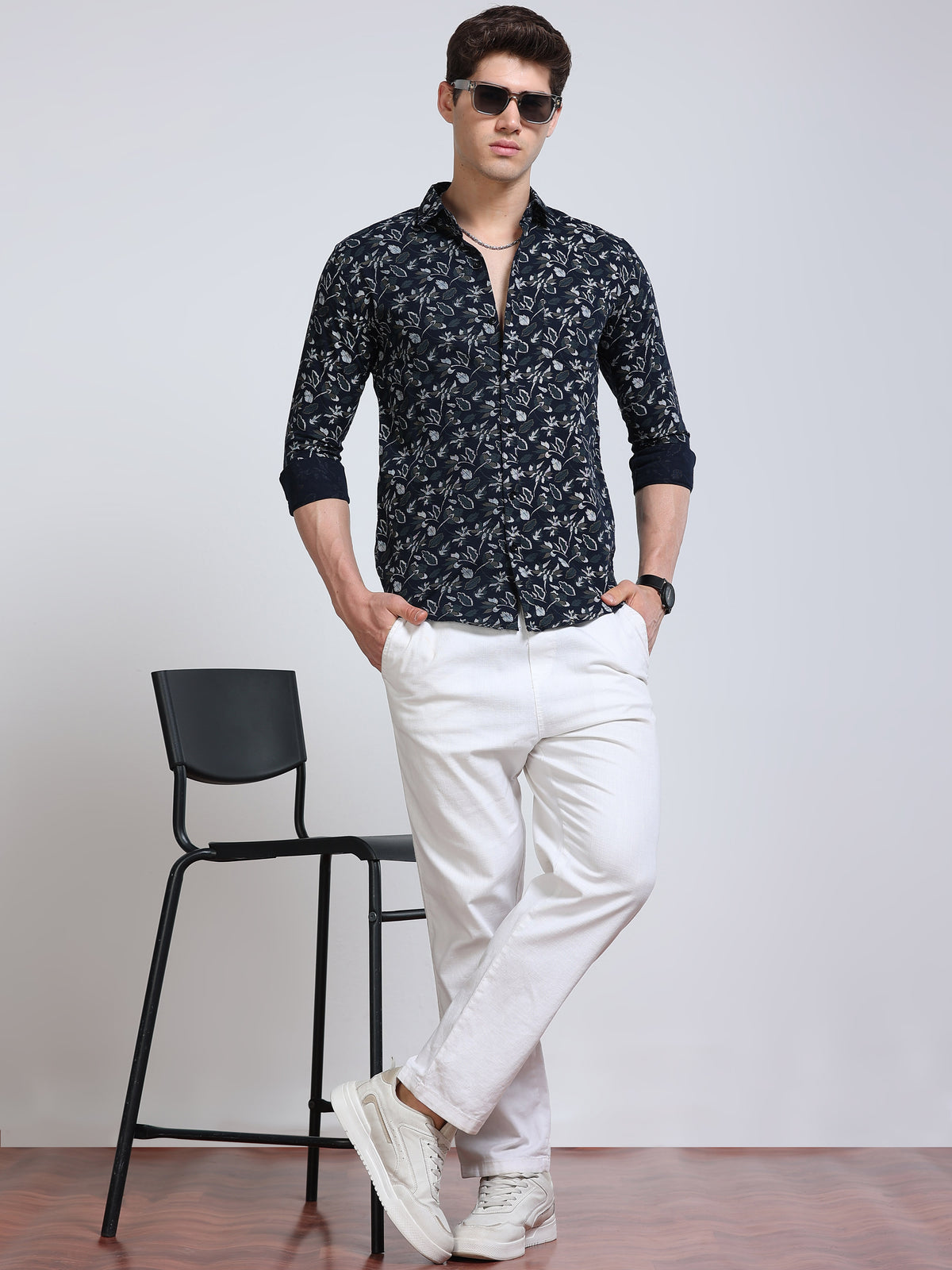 Men's Linen Navy Blue Floral Printed Shirt