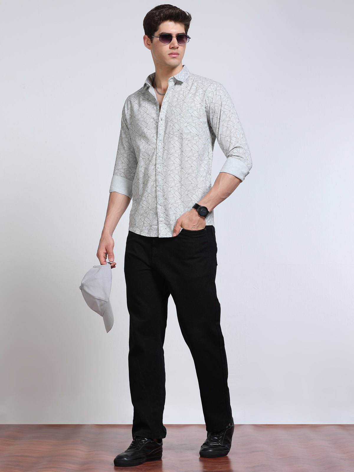 Men's Linen Grey Geometric Triangle Printed Shirt