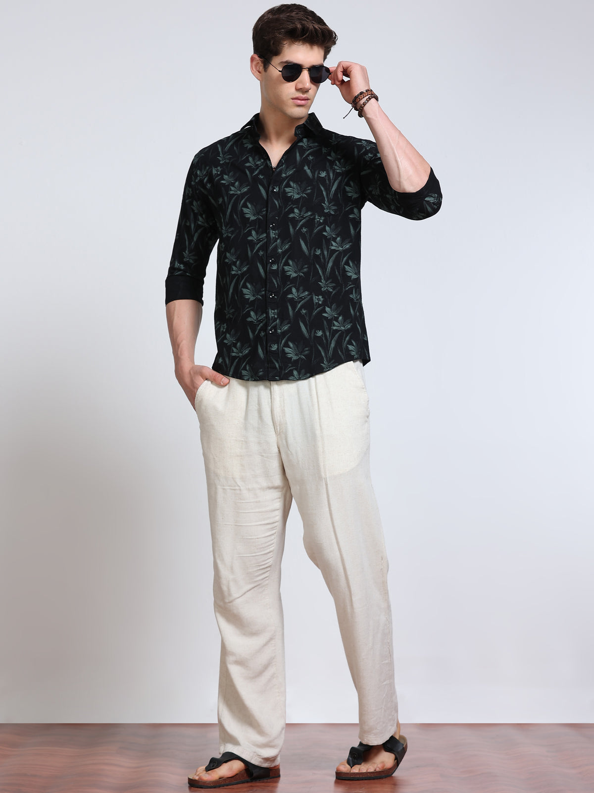 Men's Linen Black Dark Green Tropical Printed Shirt