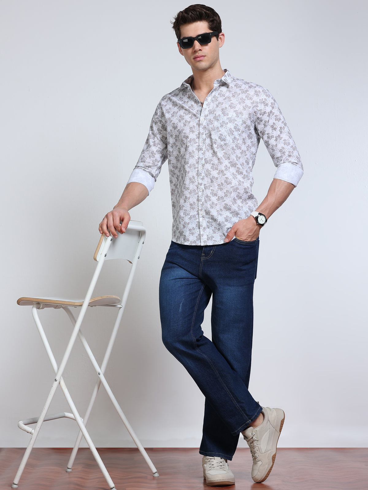 Men's Linen White Grey Blue Maple Leaf Printed Shirt