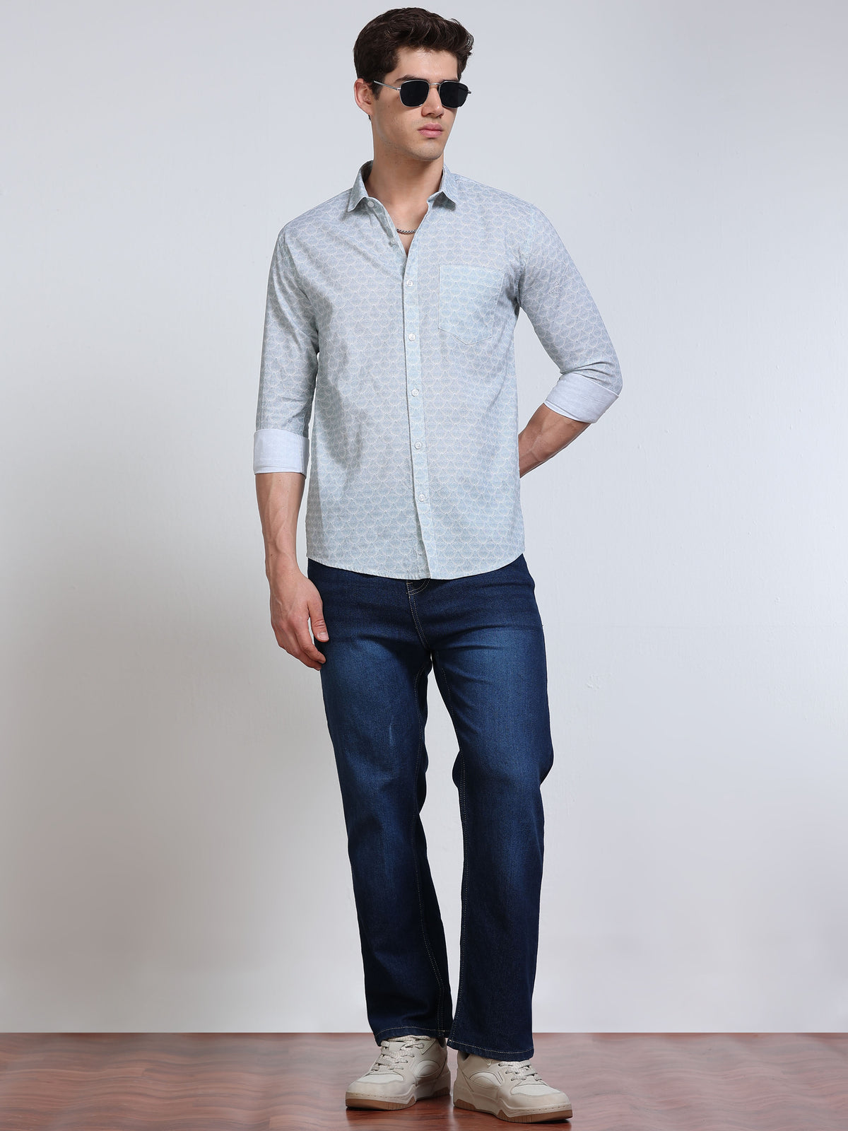 Men's Linen Sky Blue White Micro Fan Geometric Printed Shirt