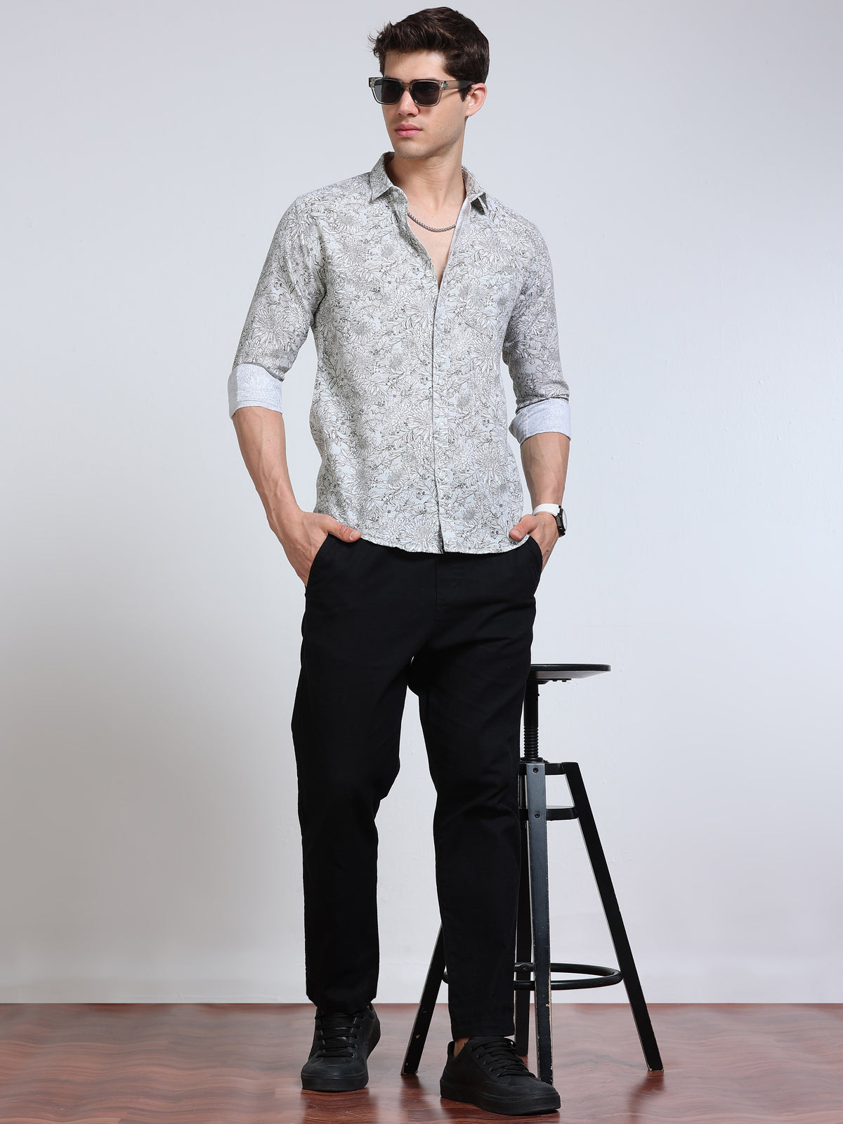 Men's Linen White Grey Green Line Art Floral Botanical Printed Shirt