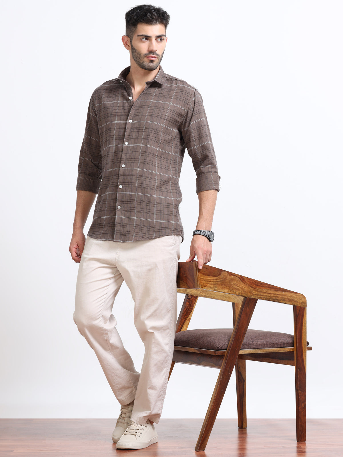 Brown Men's Cotton Embroidered Checked Casual Shirt - Premium Comfort Fit