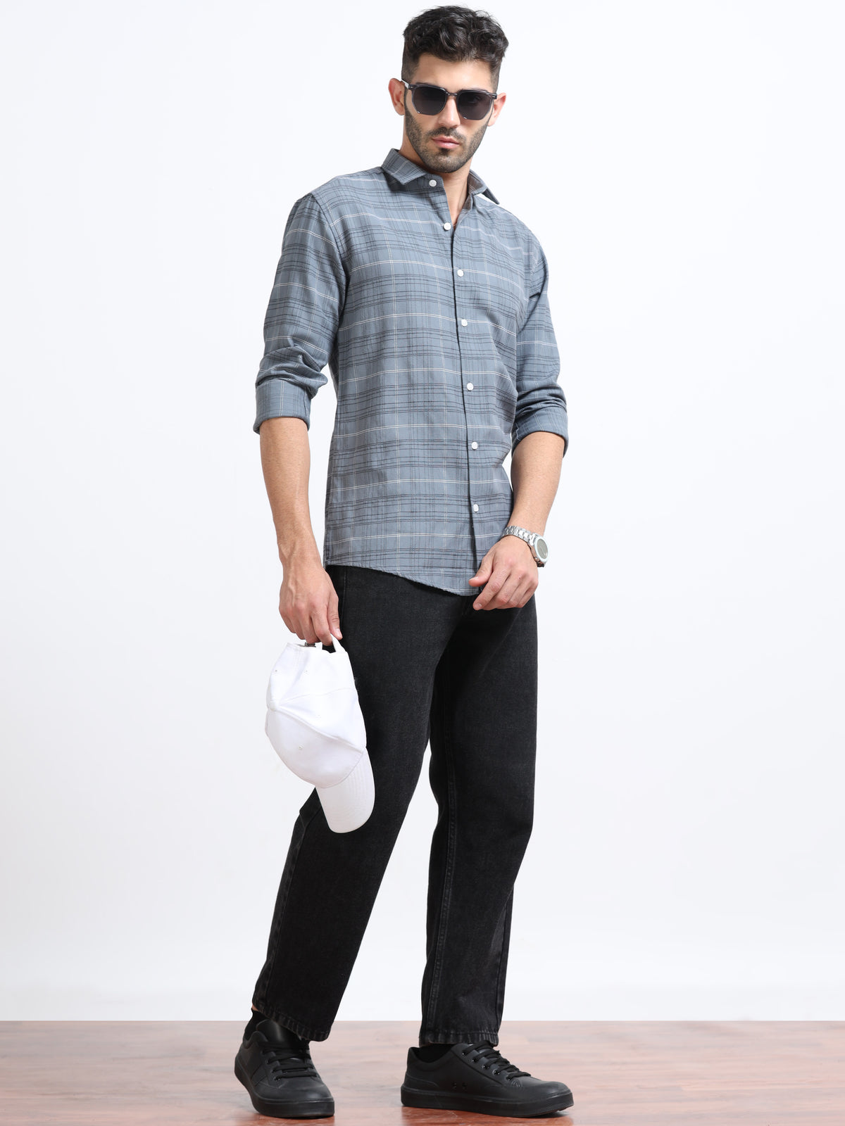 Grey Men's Cotton Embroidered Checked Casual Shirt - Premium Comfort Fit