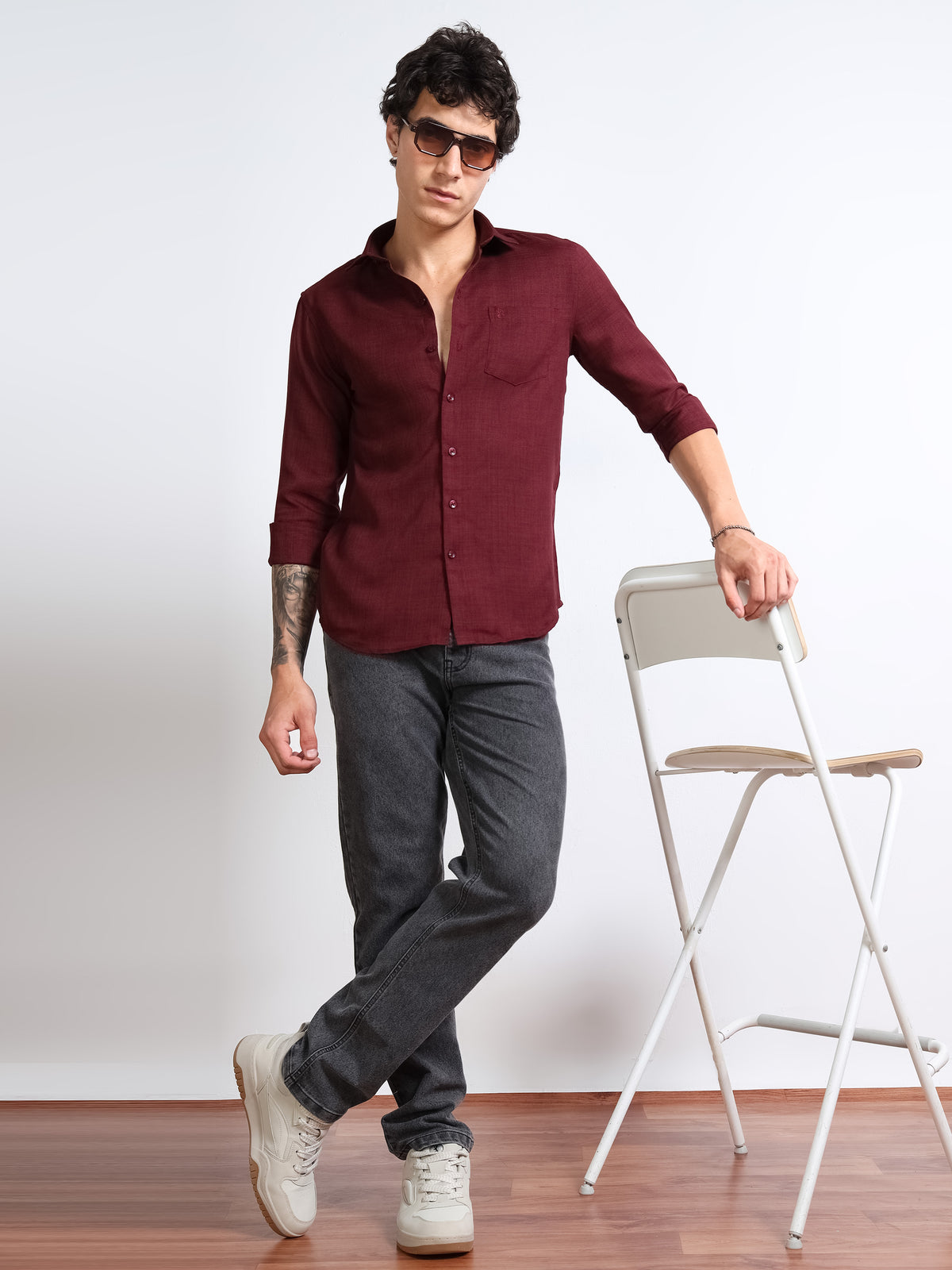 Men’s Maroon Pure Linen Shirt by Black Thread