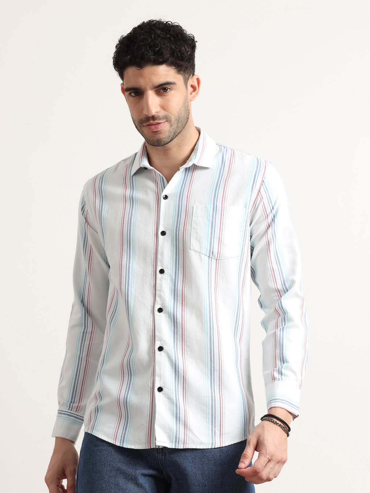 Pink And Blue Striped Shirt For Men