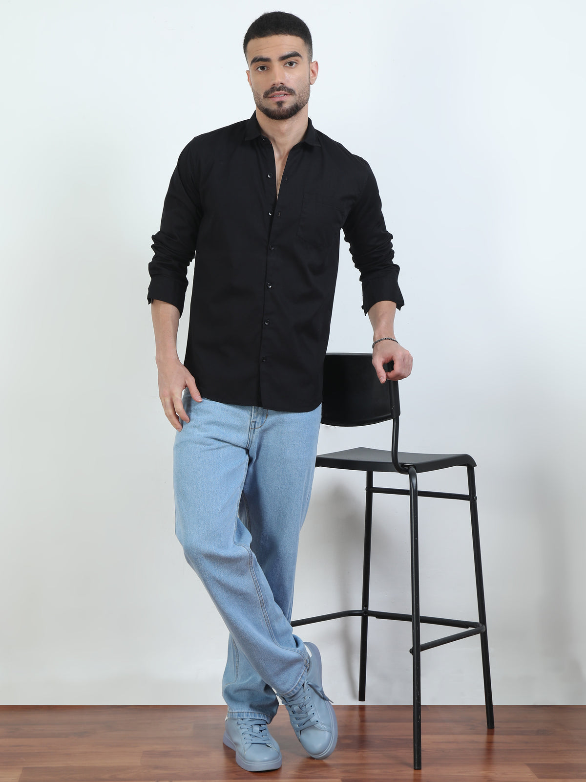 Pure Tone Solid Black Shirt For Men