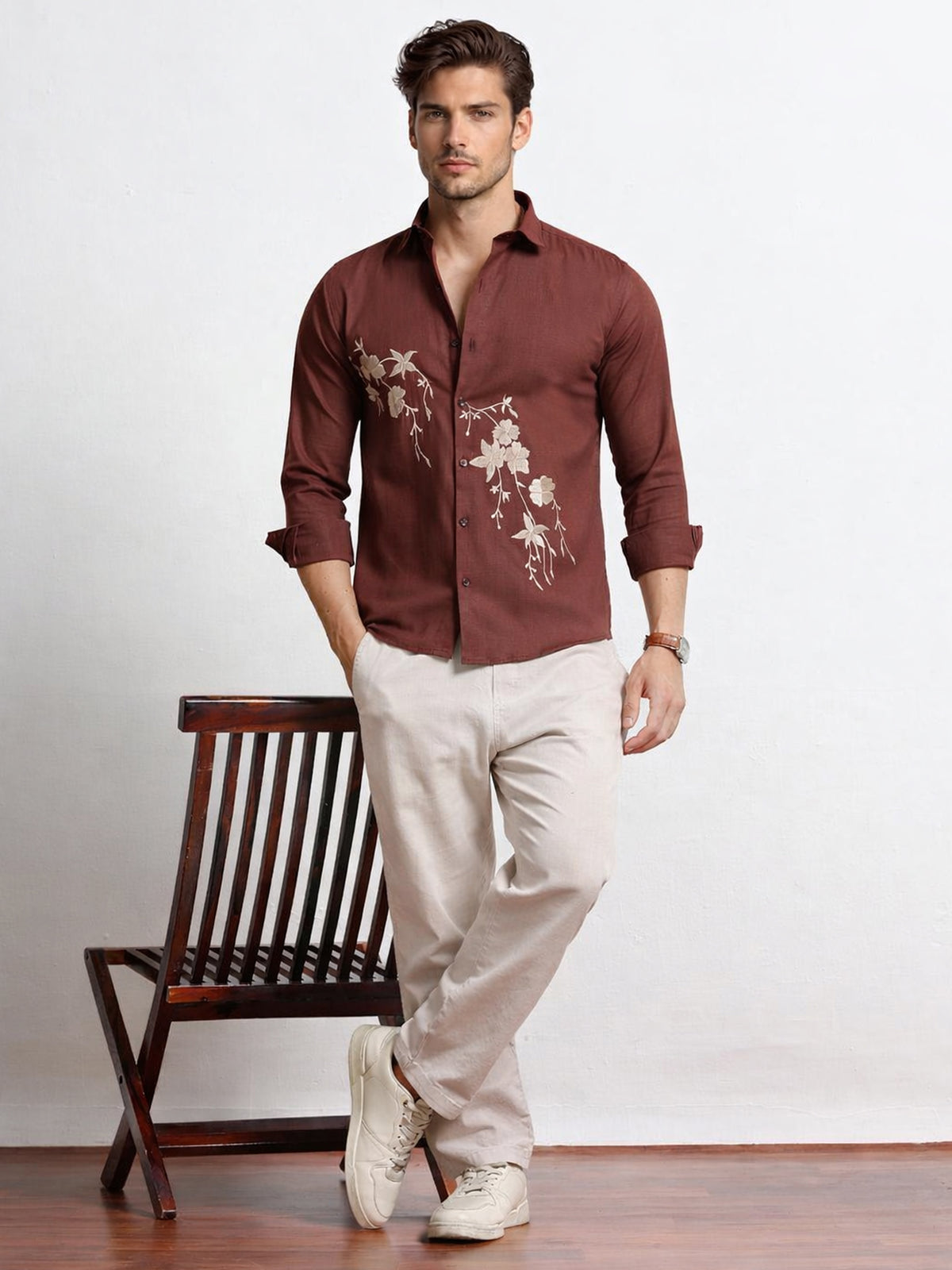 Men's Linen Maroon Floral Embroidery