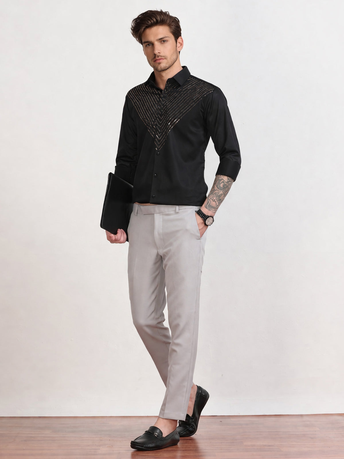Men's Black Gold Stripe Stone Work