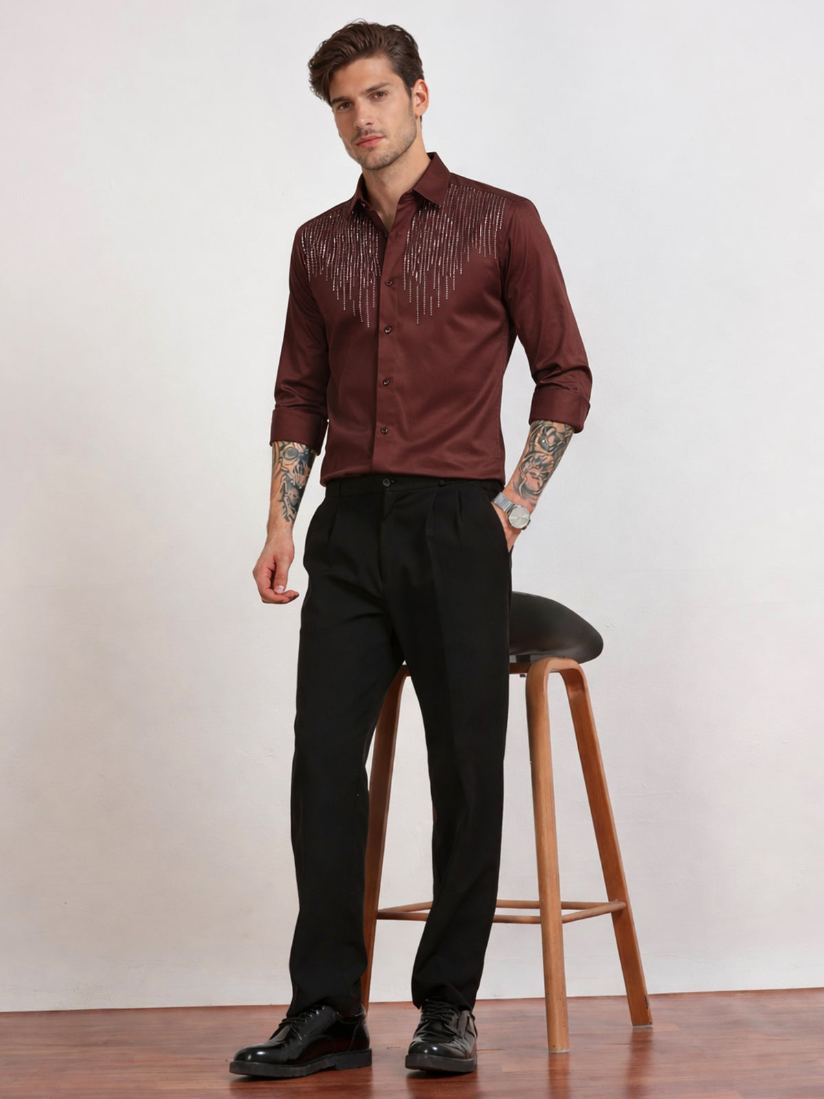 Men's Wine Red Rainfall Stone Work