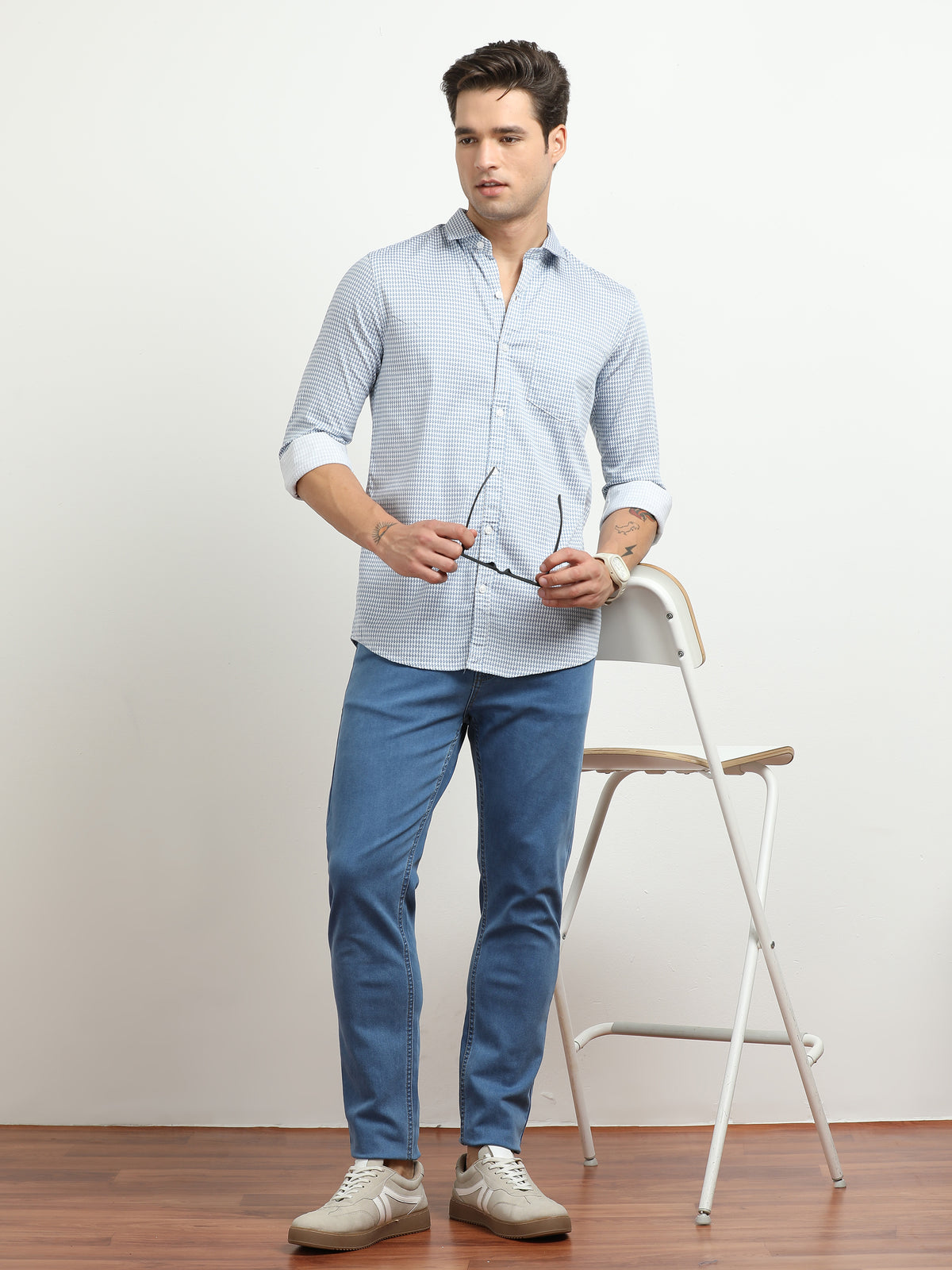 Men’s White & Blue Micro Check Printed Slim Fit Casual Shirt By Black Thread