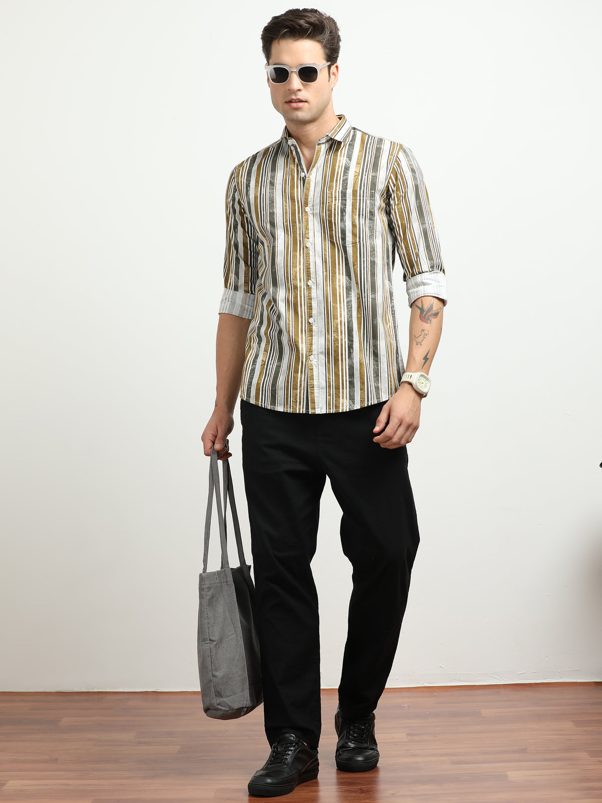 Men’s White & Mustard Striped Slim Fit Casual Shirt By Black Thread
