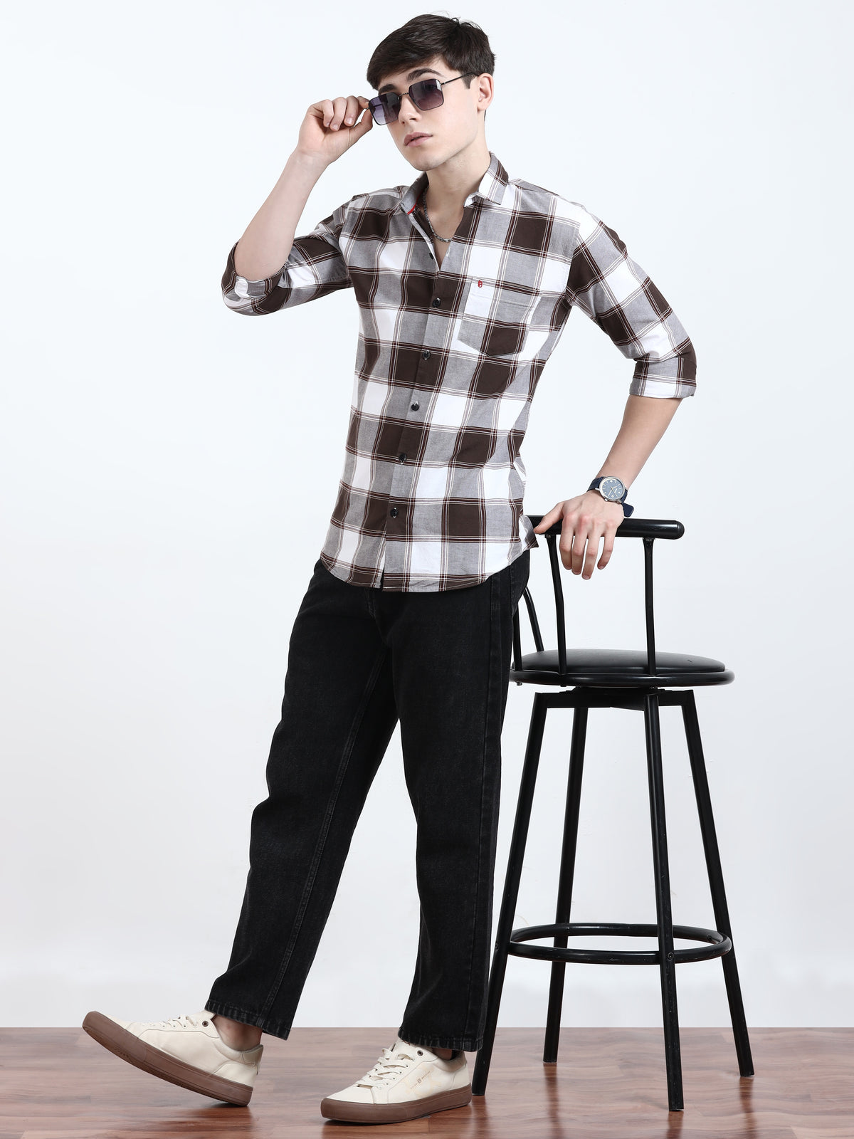 Classic Brown Grey Check Shirt For Men