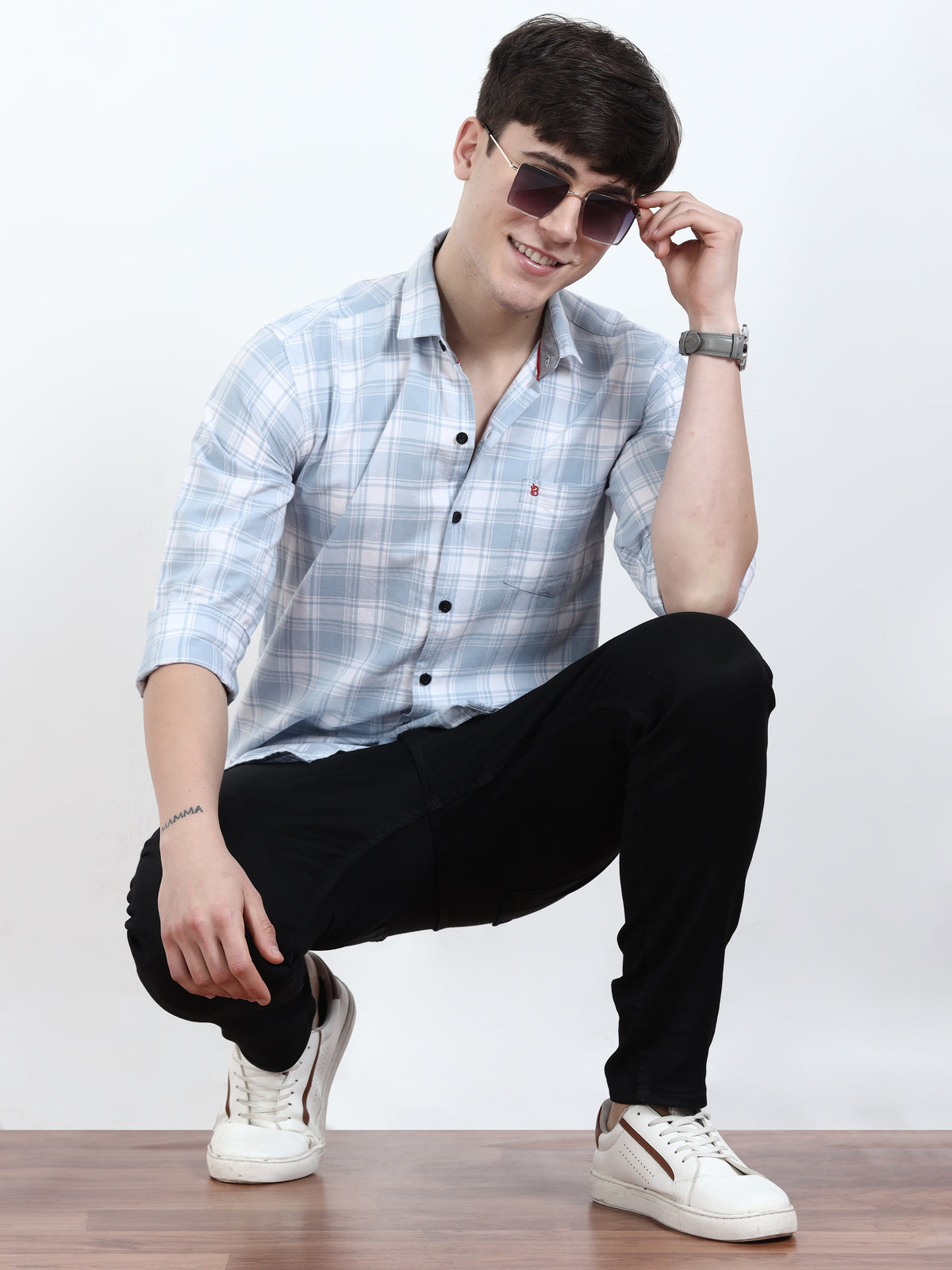 Baby Blue And White Check Shirt For Men