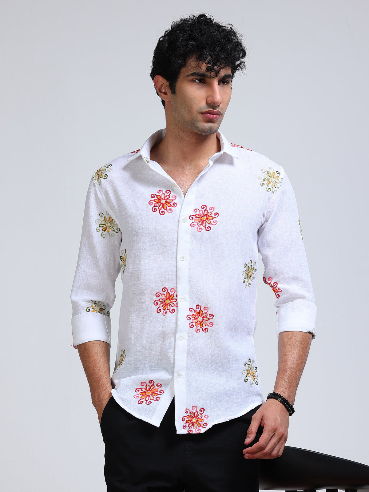 Men's Linen White Floral Embroidery Shirt