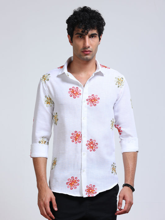Men's Linen White Floral Embroidery Shirt