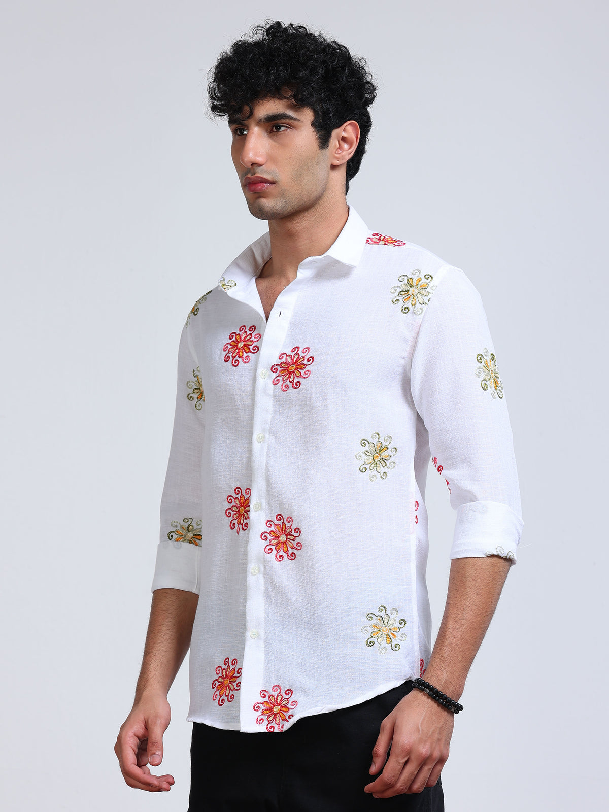 Men's Linen White Floral Embroidery Shirt