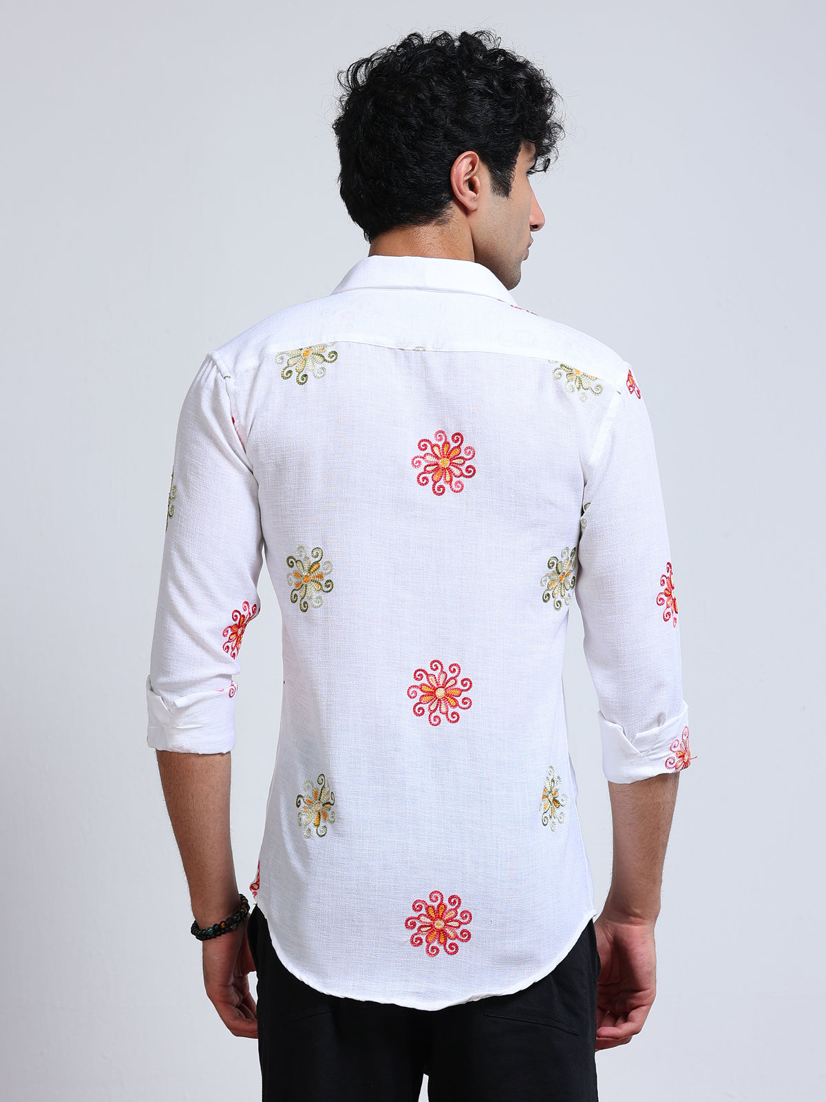 Men's Linen White Floral Embroidery Shirt