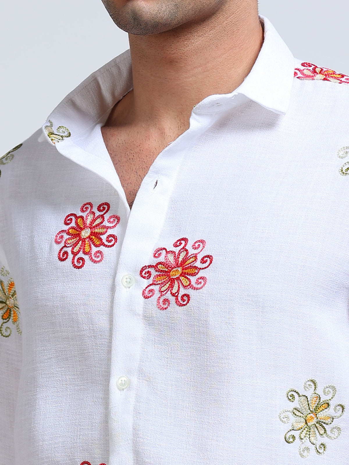 Men's Linen White Floral Embroidery Shirt
