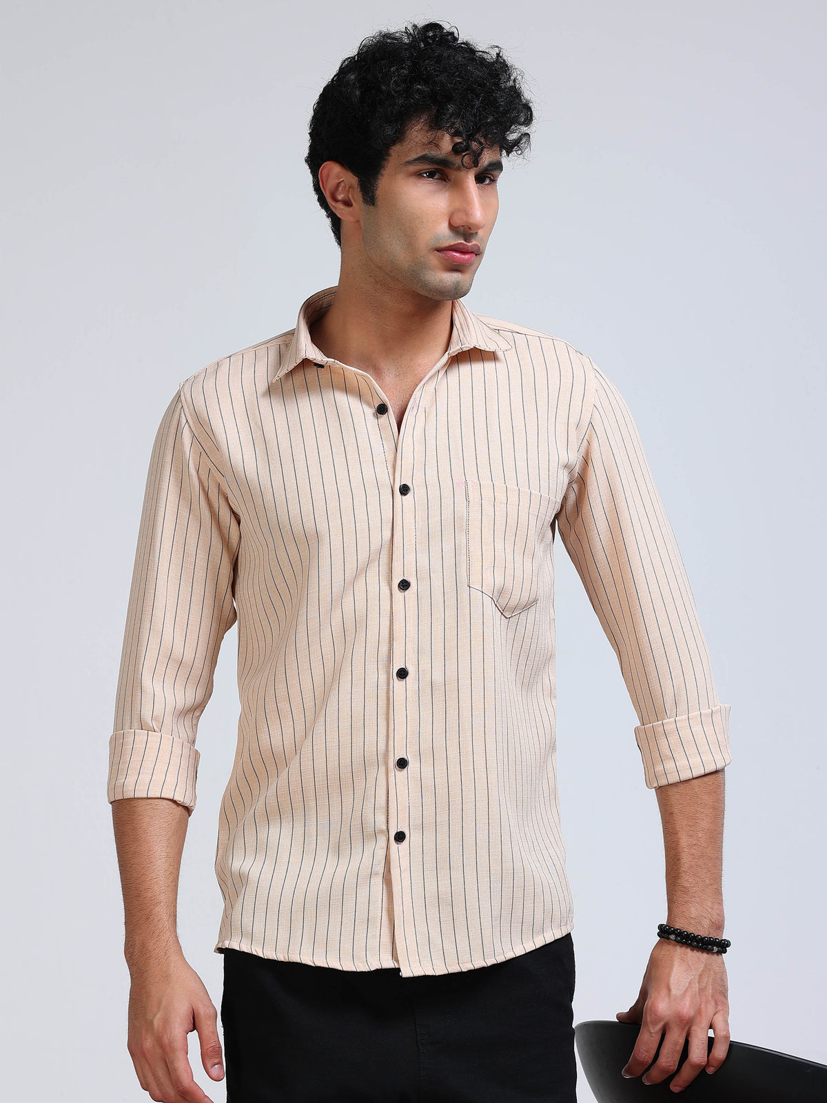 Men's Linen Peach Beige Pinstripe Shirt