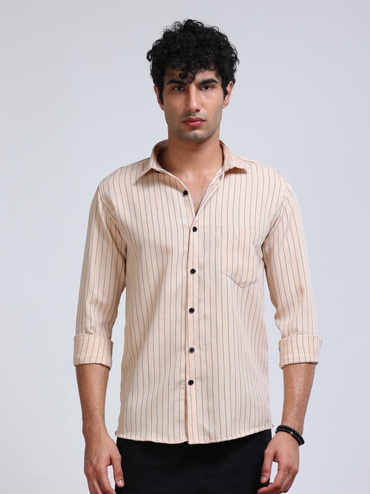 Men's Linen Peach Beige Pinstripe Shirt