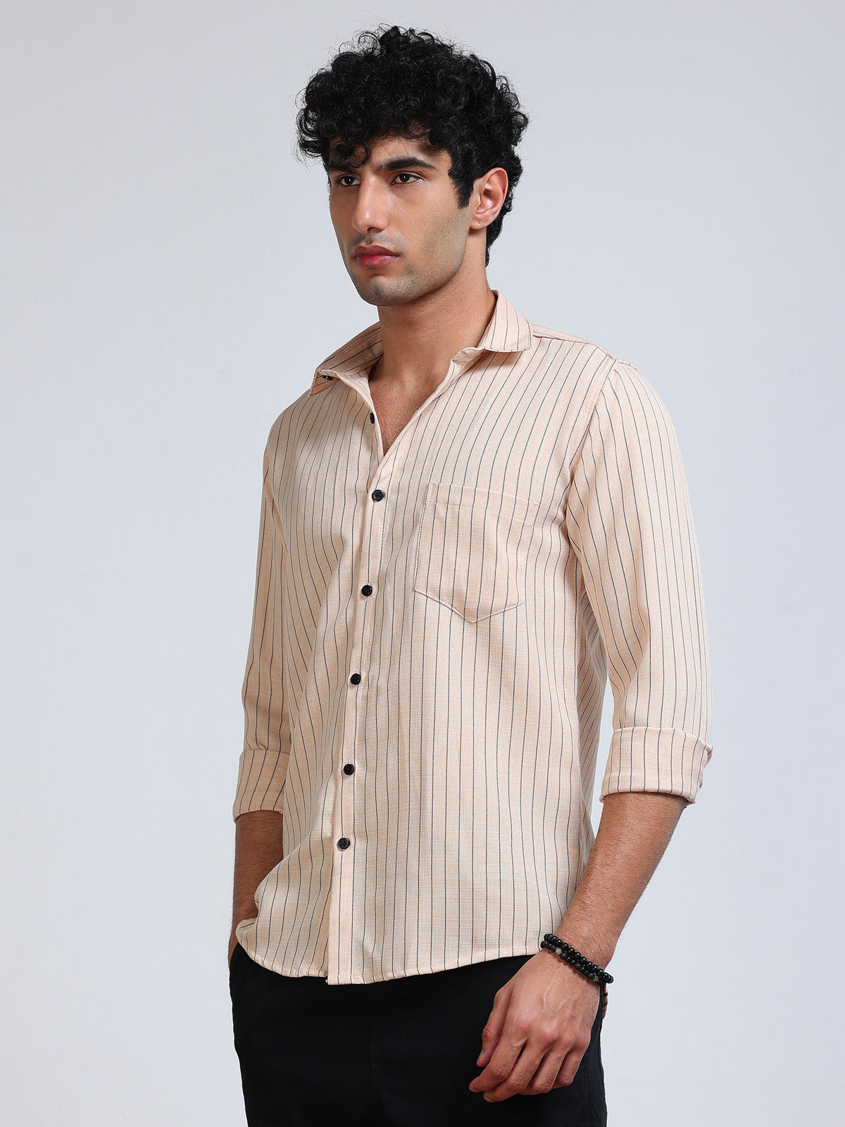 Men's Linen Peach Beige Pinstripe Shirt
