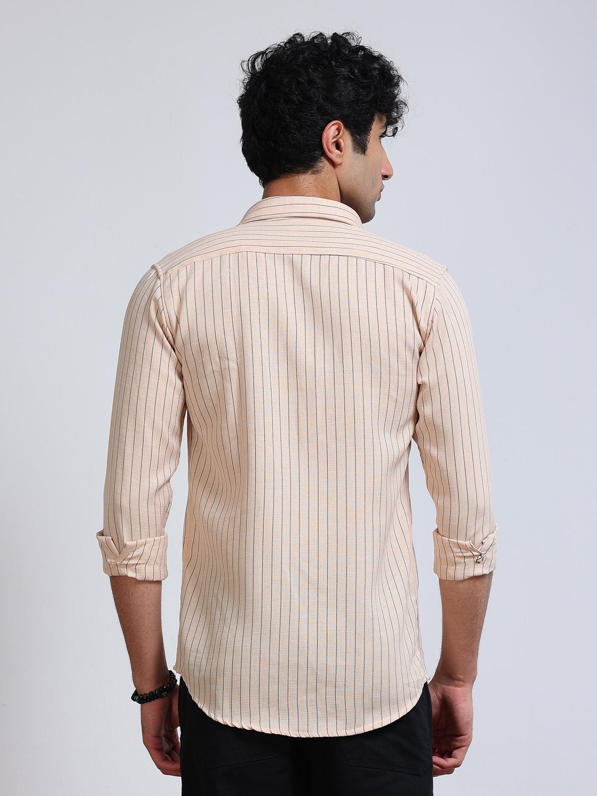 Men's Linen Peach Beige Pinstripe Shirt