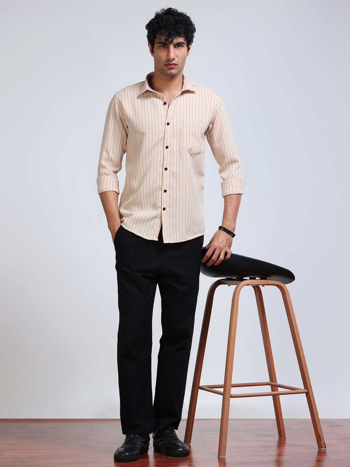 Men's Linen Peach Beige Pinstripe Shirt