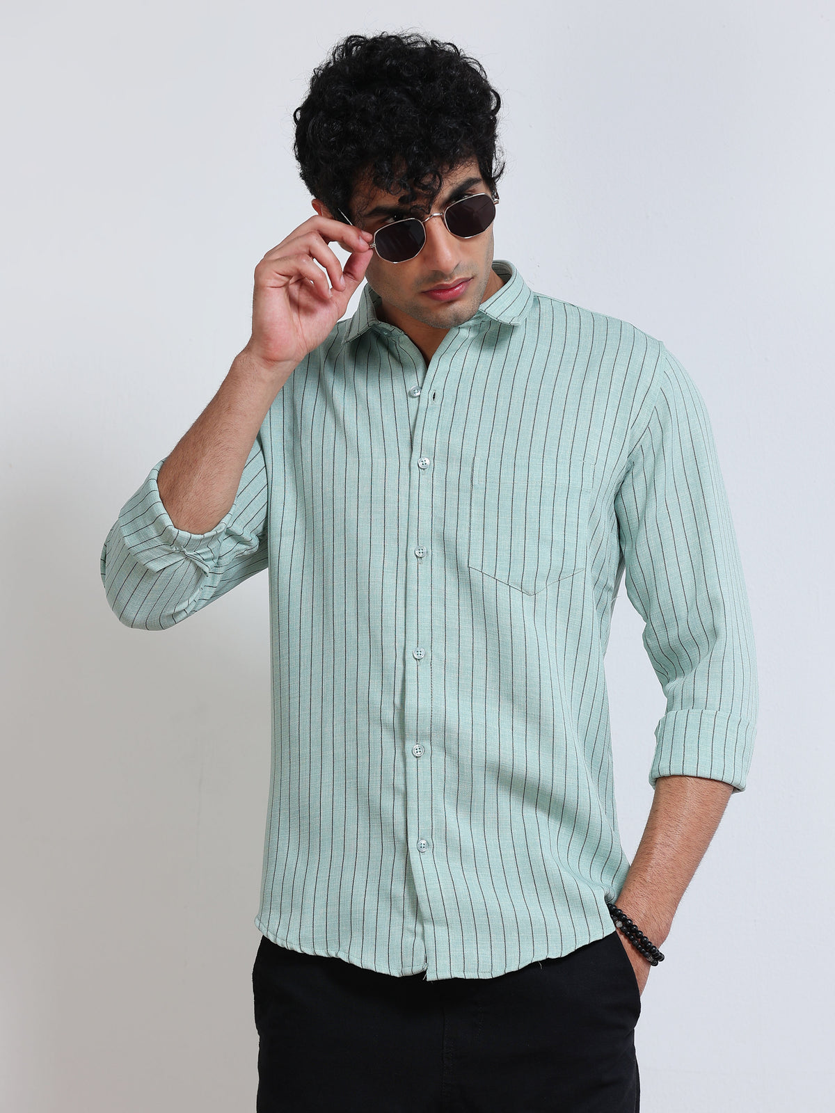 Men's Linen Mint Green Stripe Shirt