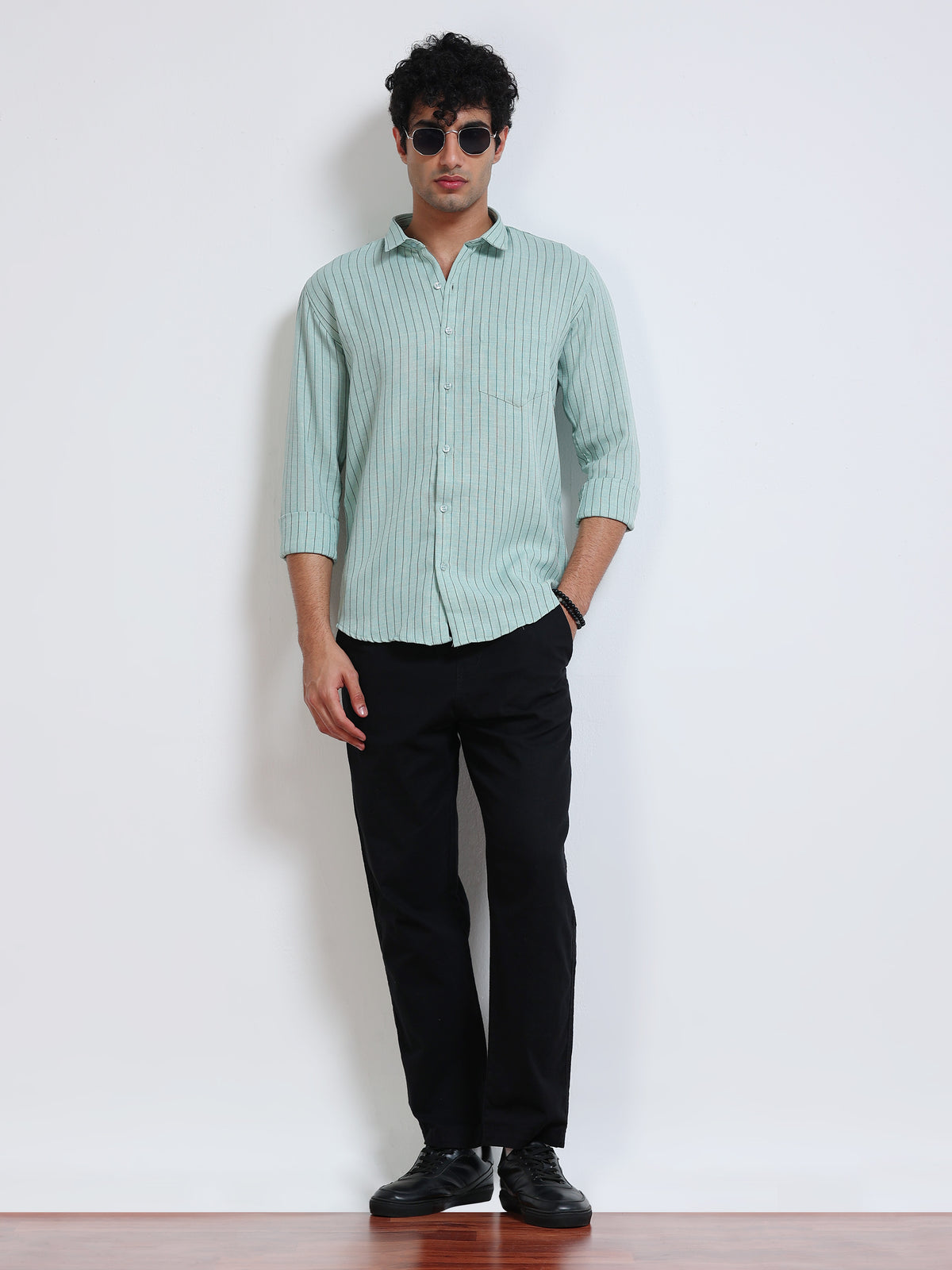 Men's Linen Mint Green Stripe Shirt