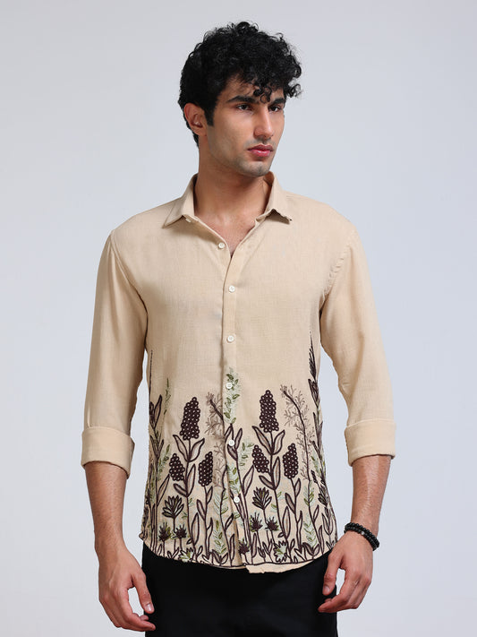 Men's Linen Beige Botanical Border Embroidery Shirt