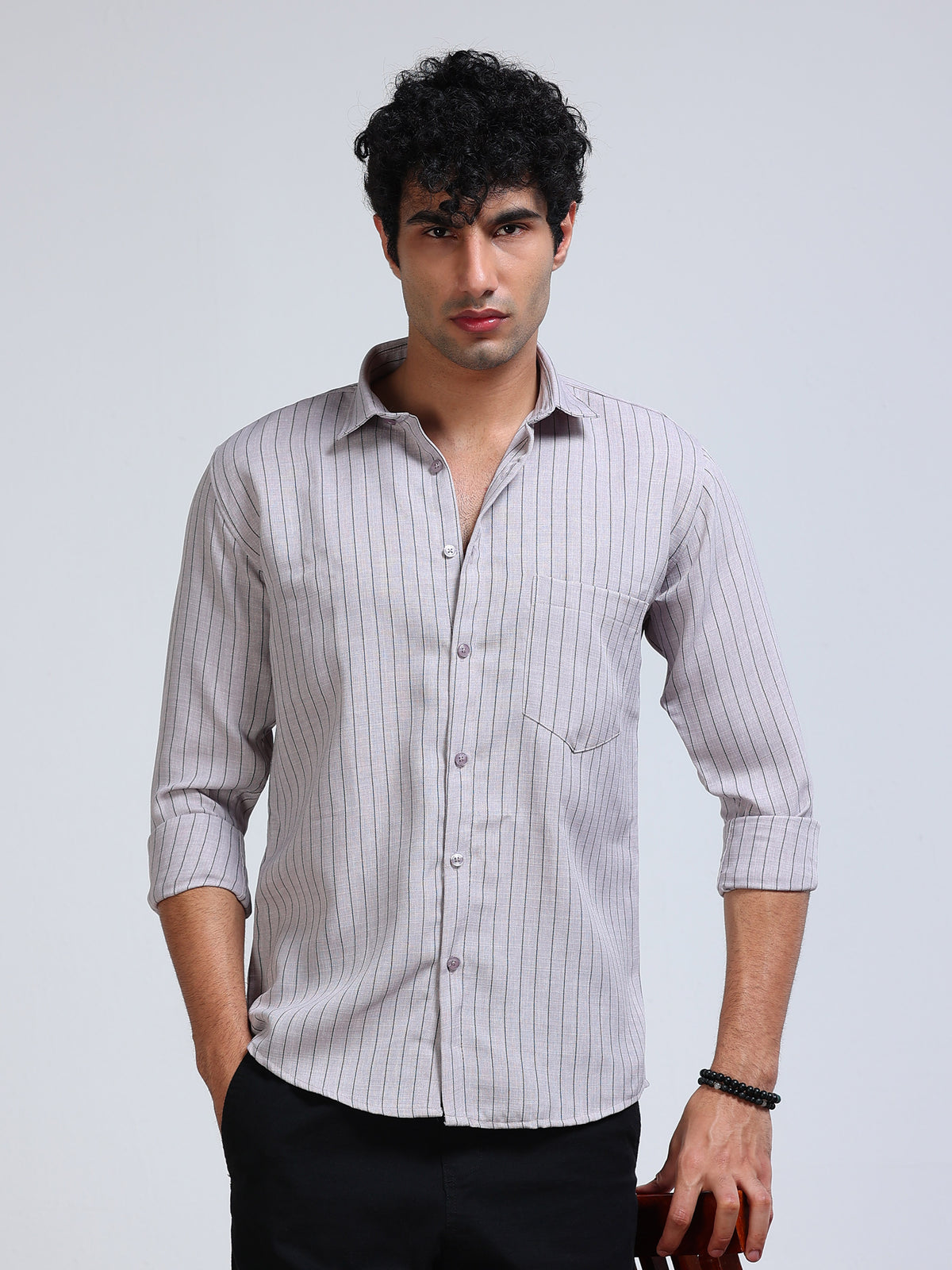Men's Linen Lavender Grey Stripe Shirt