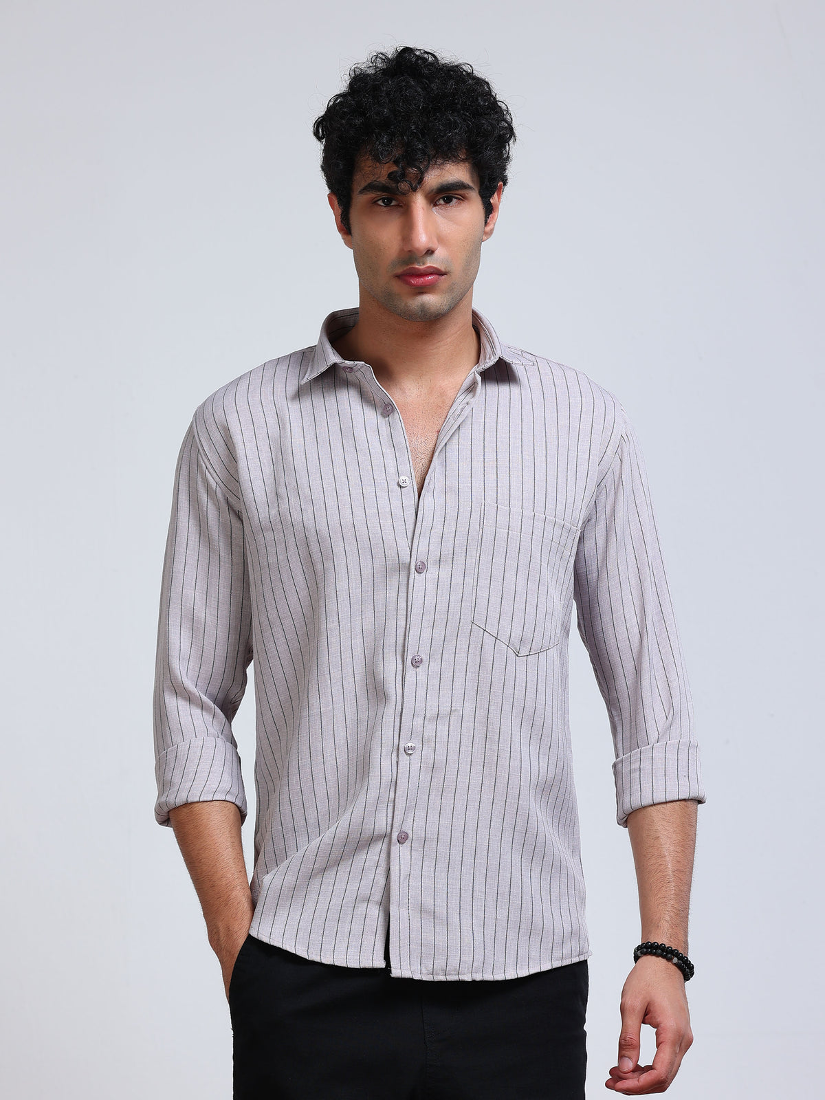 Men's Linen Lavender Grey Stripe Shirt