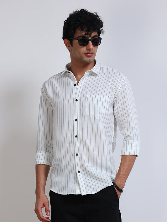 Men's Linen White Black Pinstripe Shirt