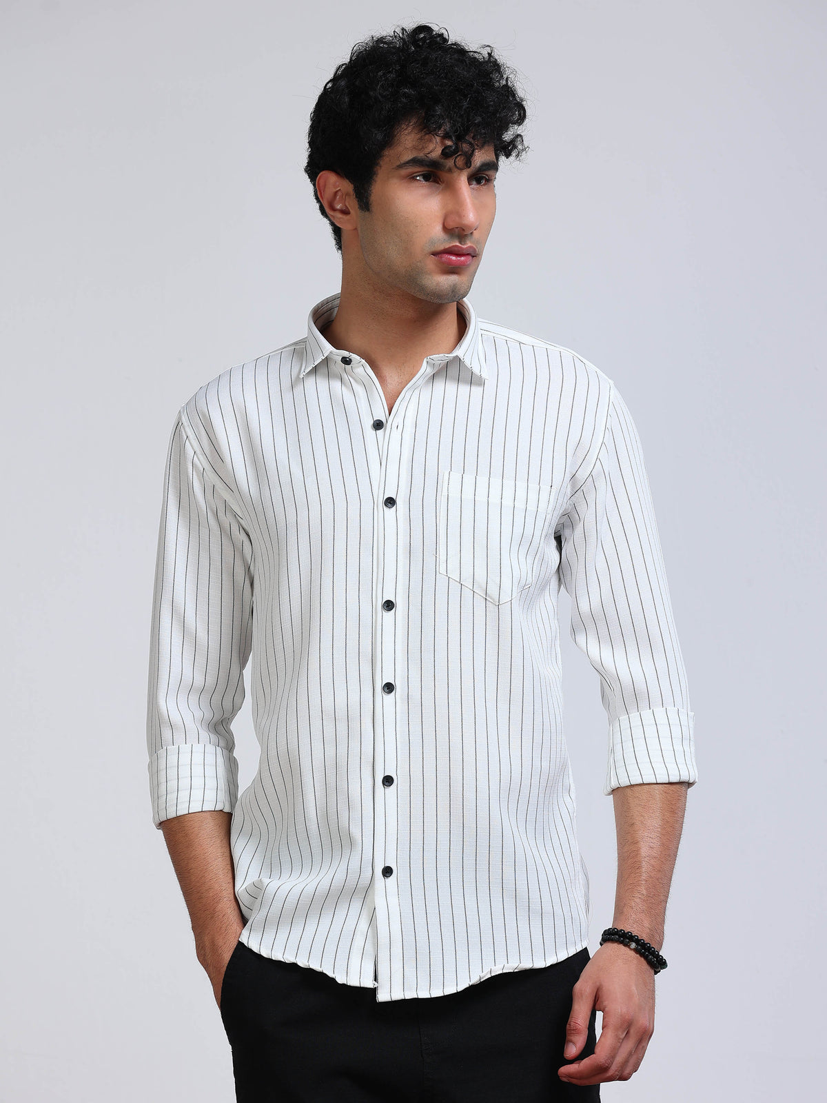 Men's Linen White Black Pinstripe Shirt