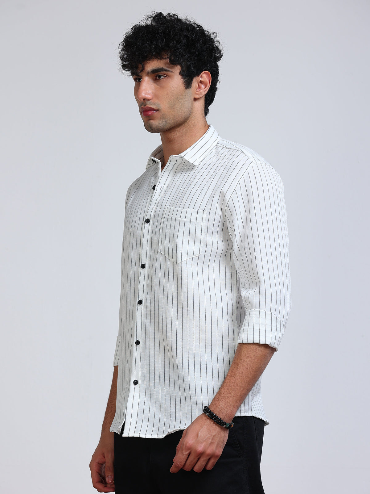 Men's Linen White Black Pinstripe Shirt