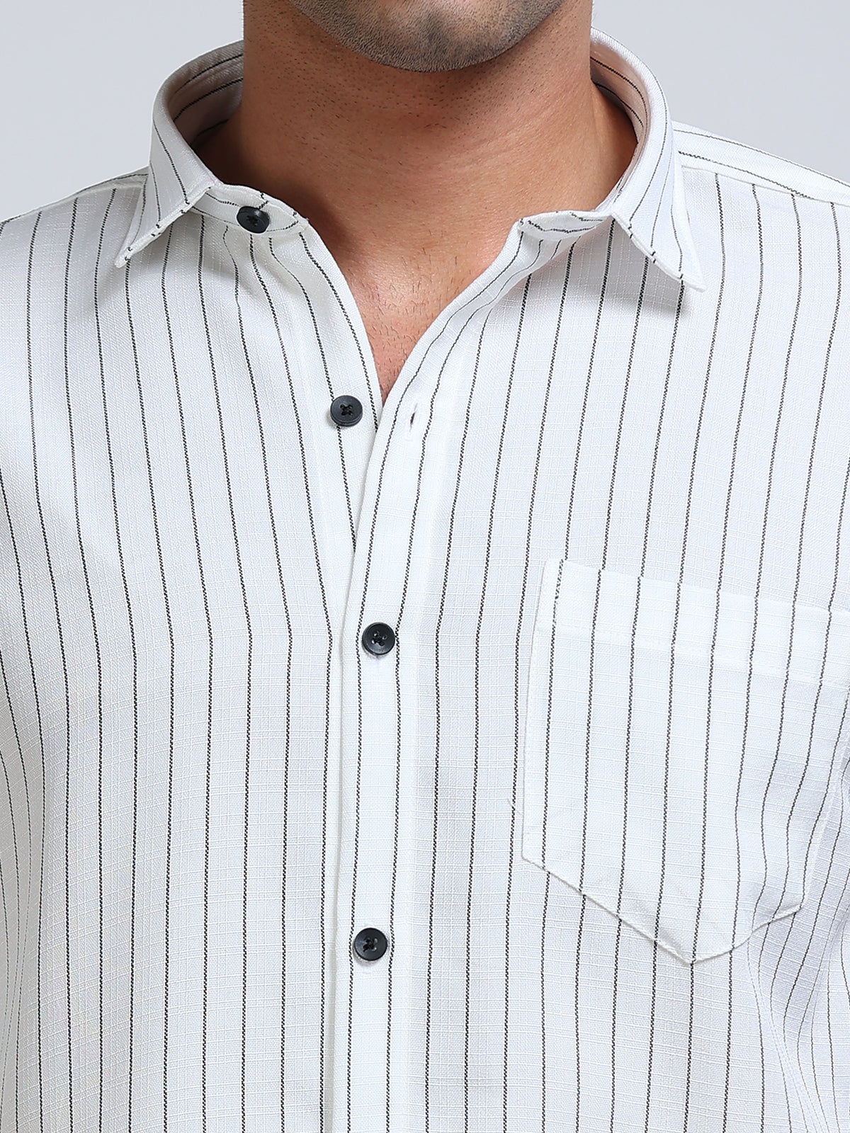Men's Linen White Black Pinstripe Shirt