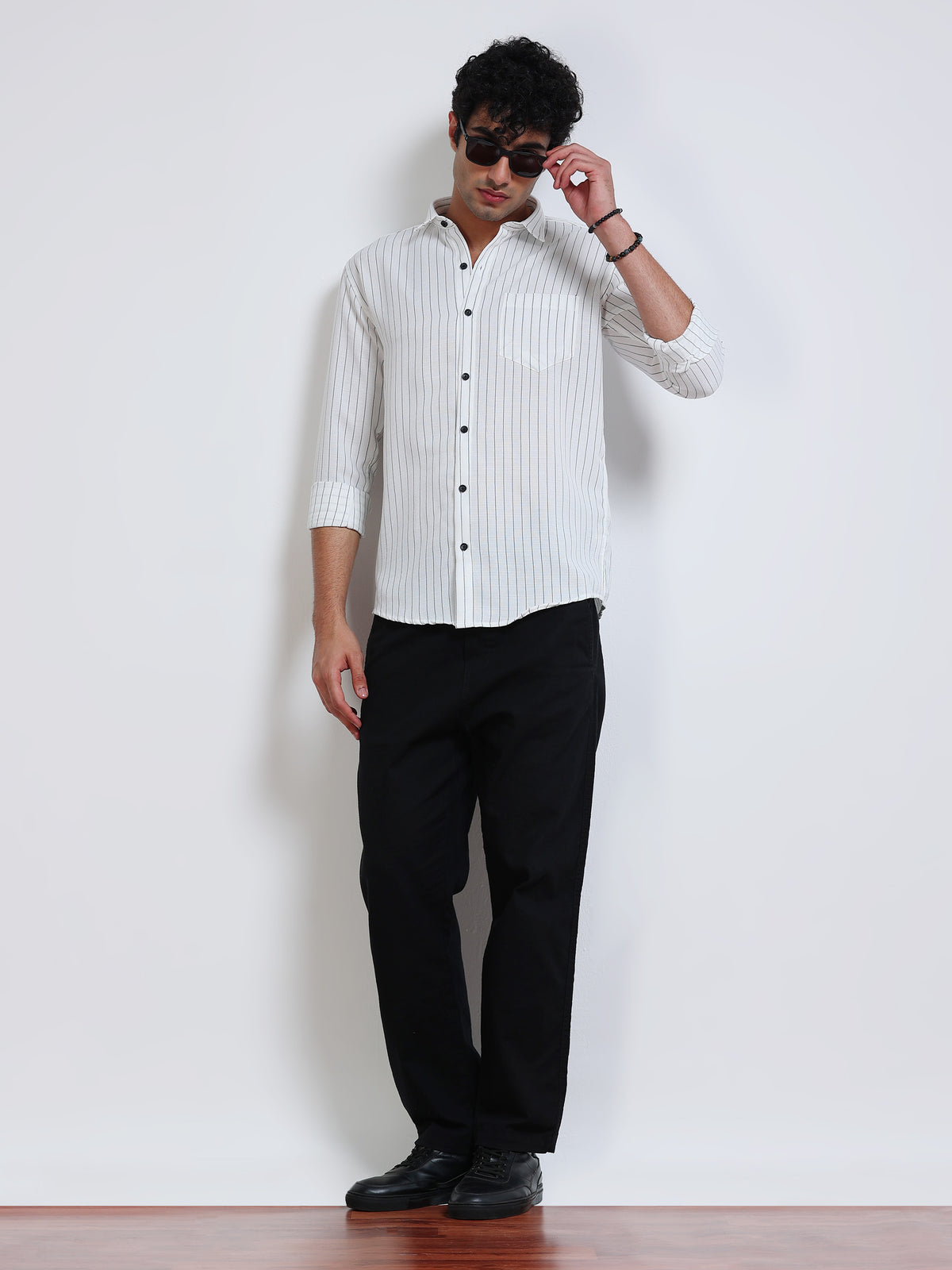 Men's Linen White Black Pinstripe Shirt