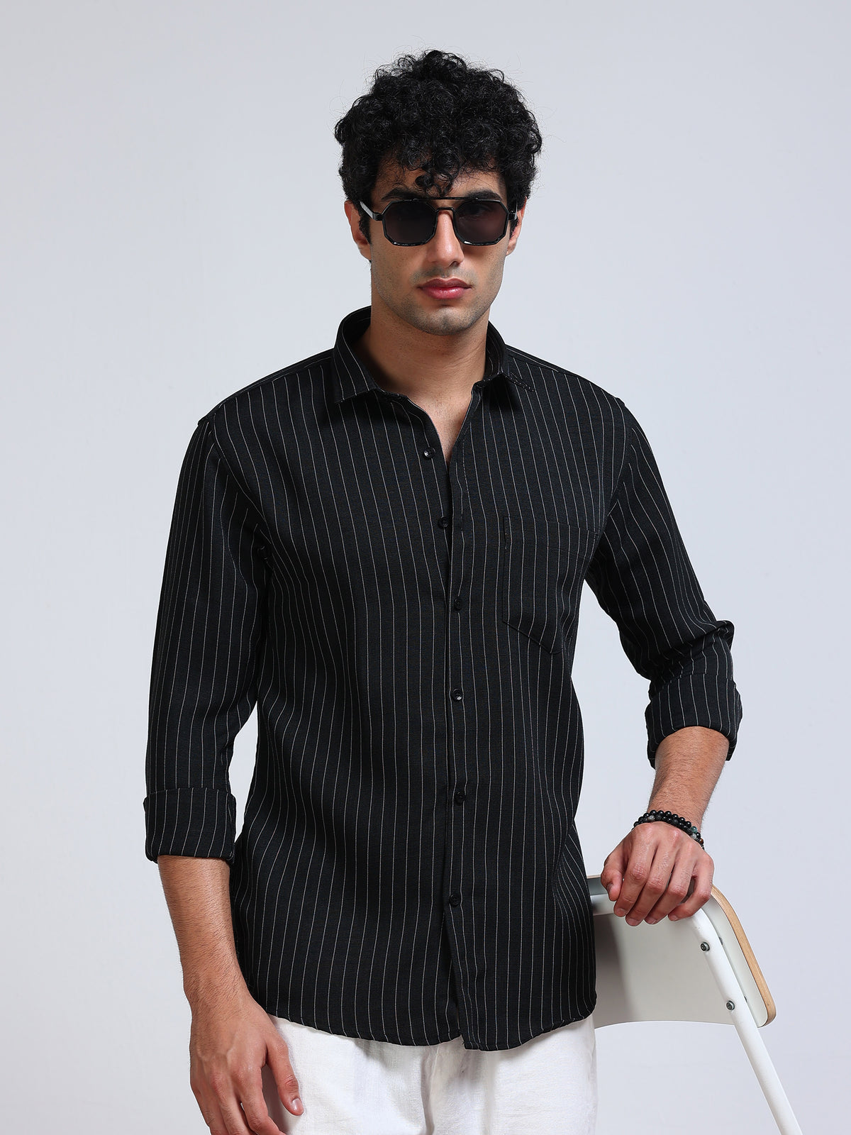 Men's Linen Black White Pinstripe Shirt