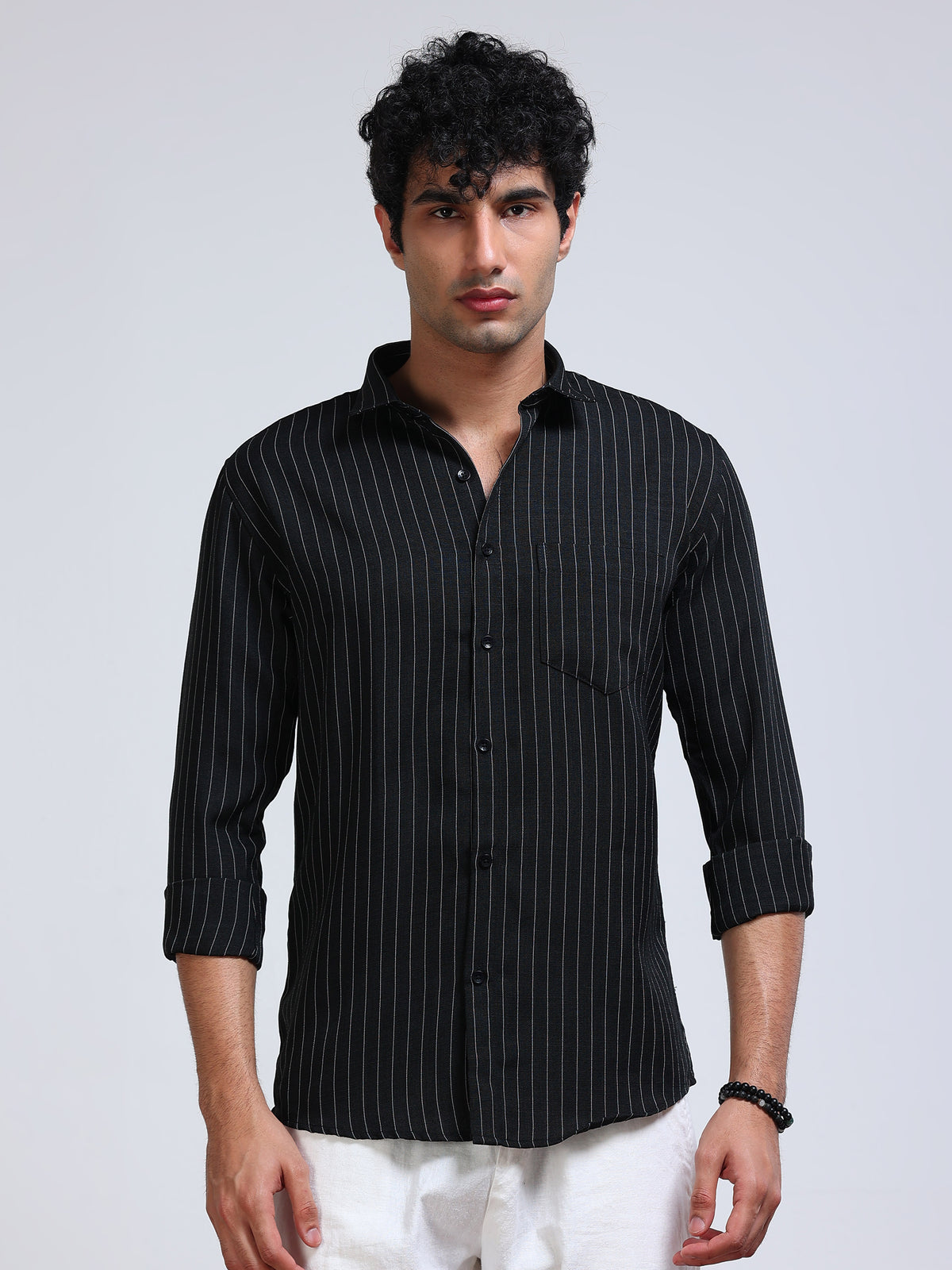 Men's Linen Black White Pinstripe Shirt