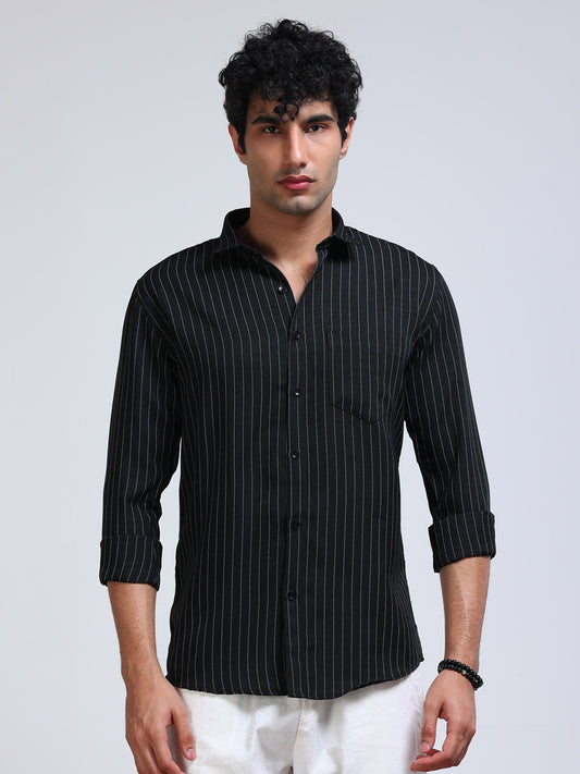 Men's Linen Black White Pinstripe Shirt