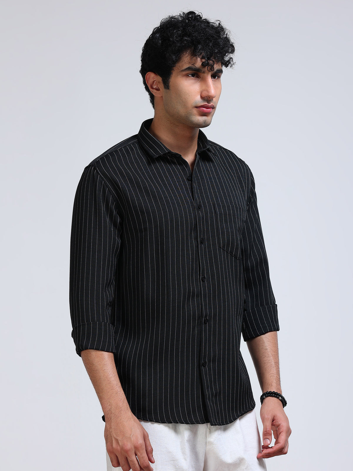 Men's Linen Black White Pinstripe Shirt