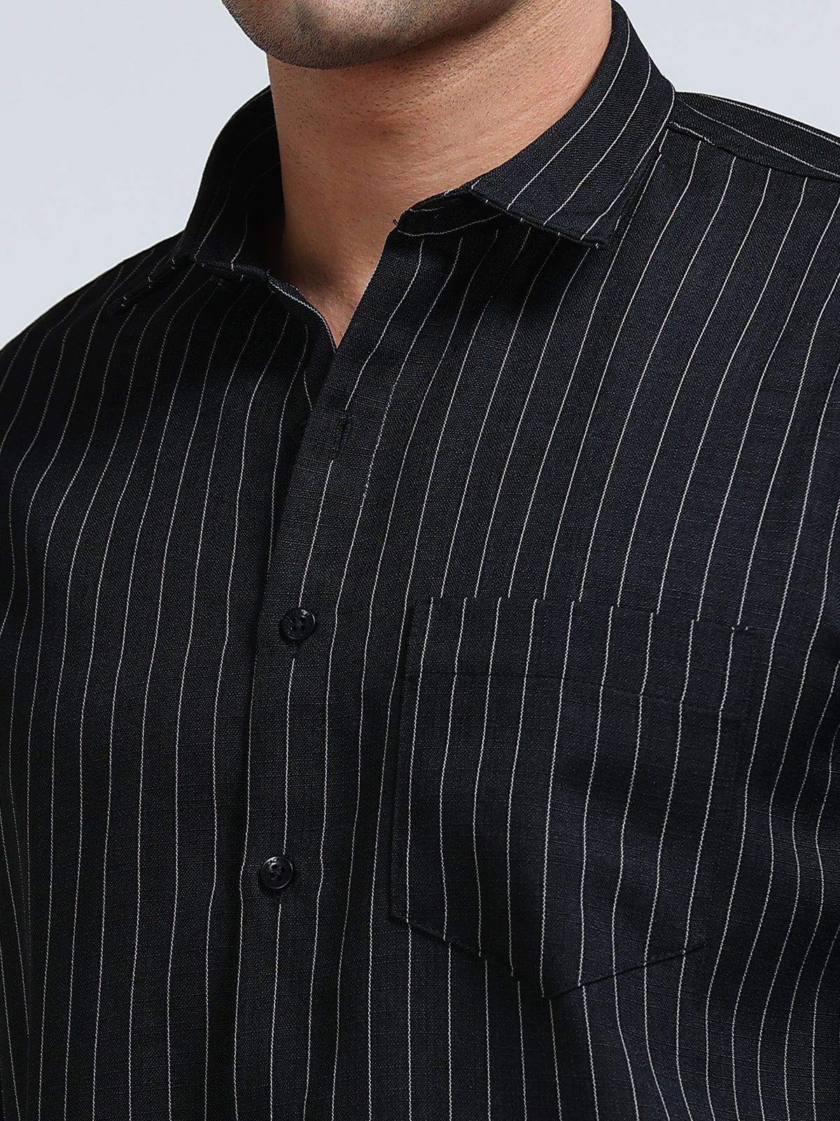 Men's Linen Black White Pinstripe Shirt